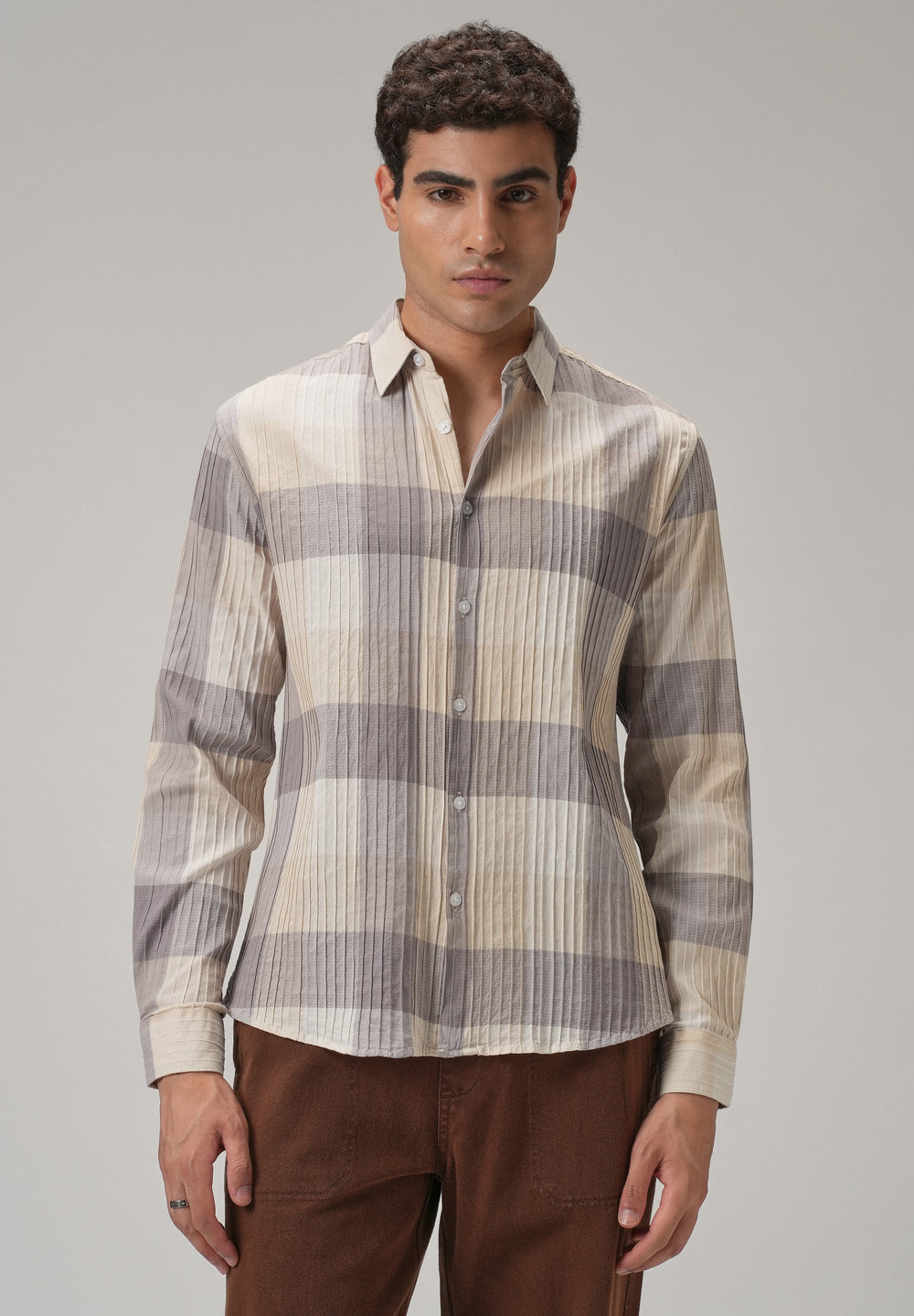 Self Pleat Lavender Beige Check Shirt