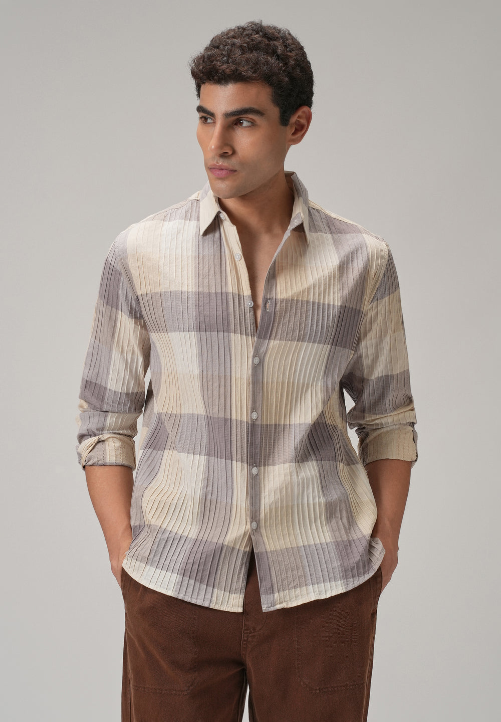 Self Pleat Lavender Beige Check Shirt