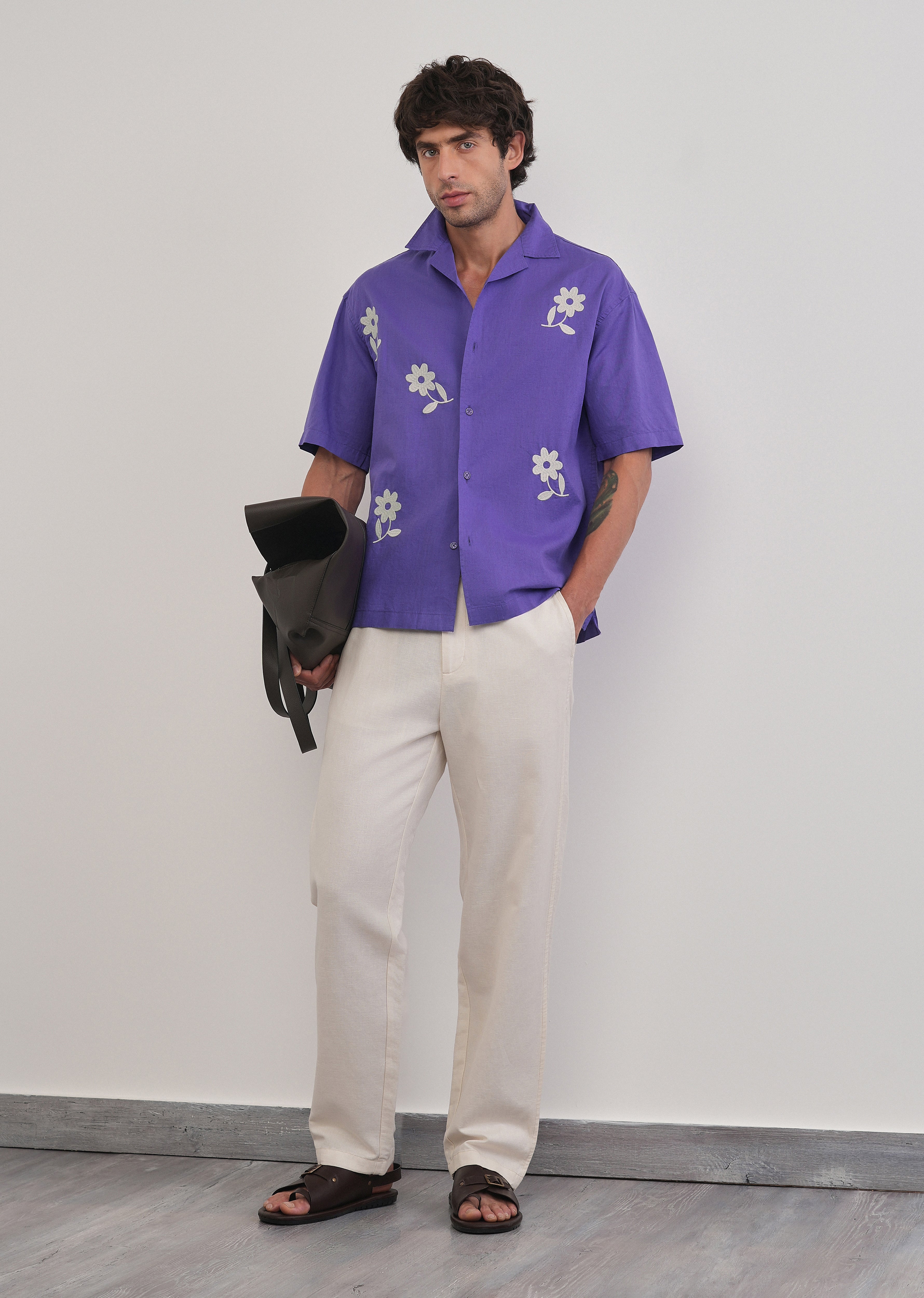Lavender Floral Placement Embroidered Shirt