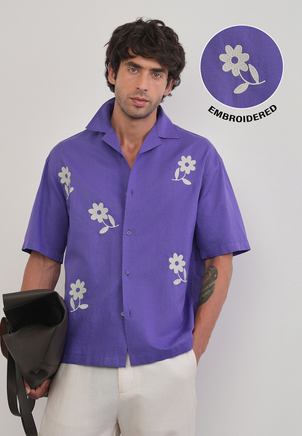 Lavender Floral Placement Embroidered Shirt