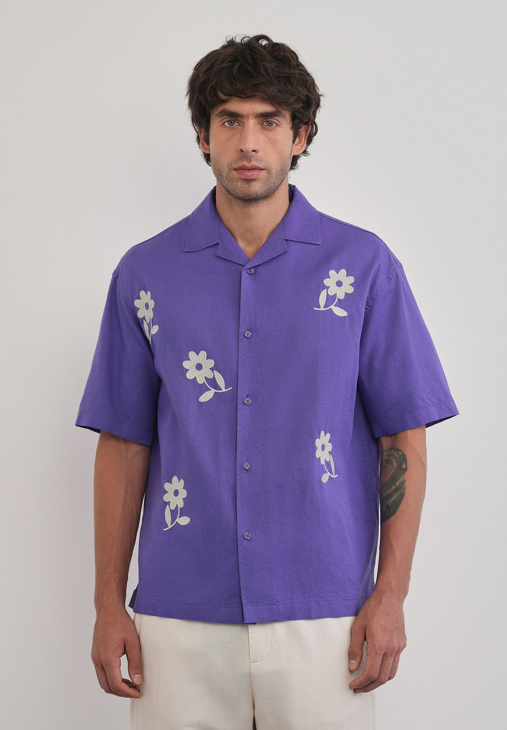 Lavender Floral Placement Embroidered Shirt