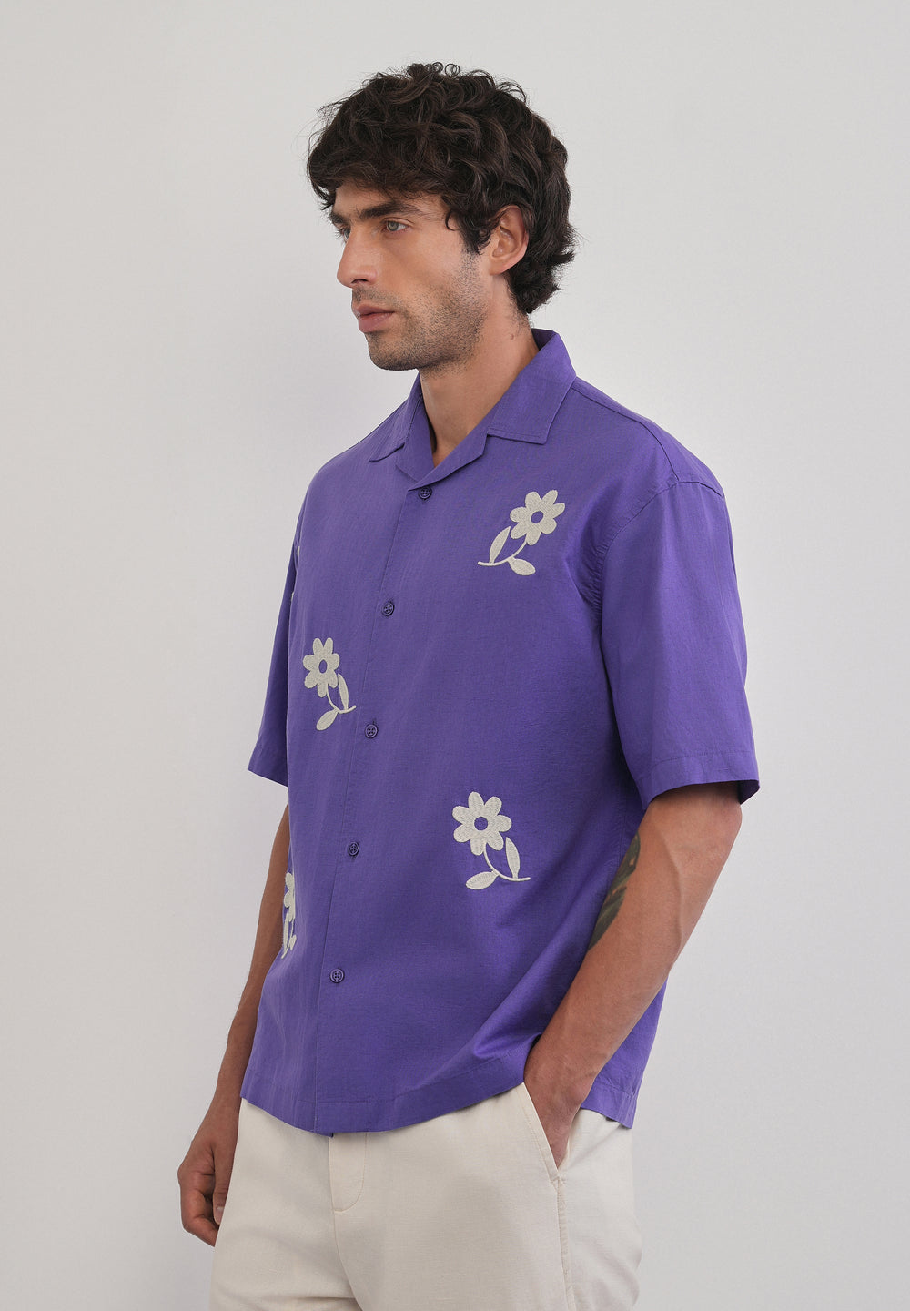 Lavender Floral Placement Embroidered Shirt