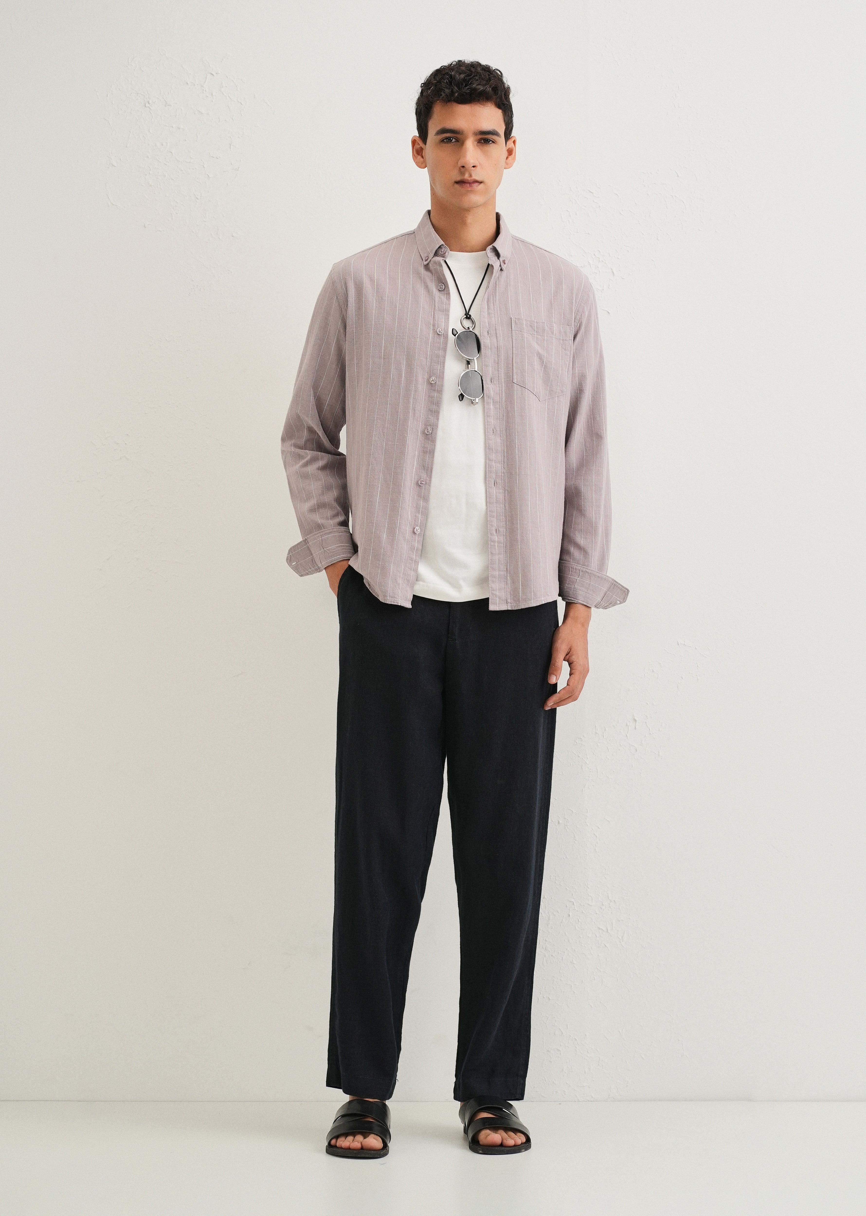 Lavender Gray Striped Cotton Linen Shirt