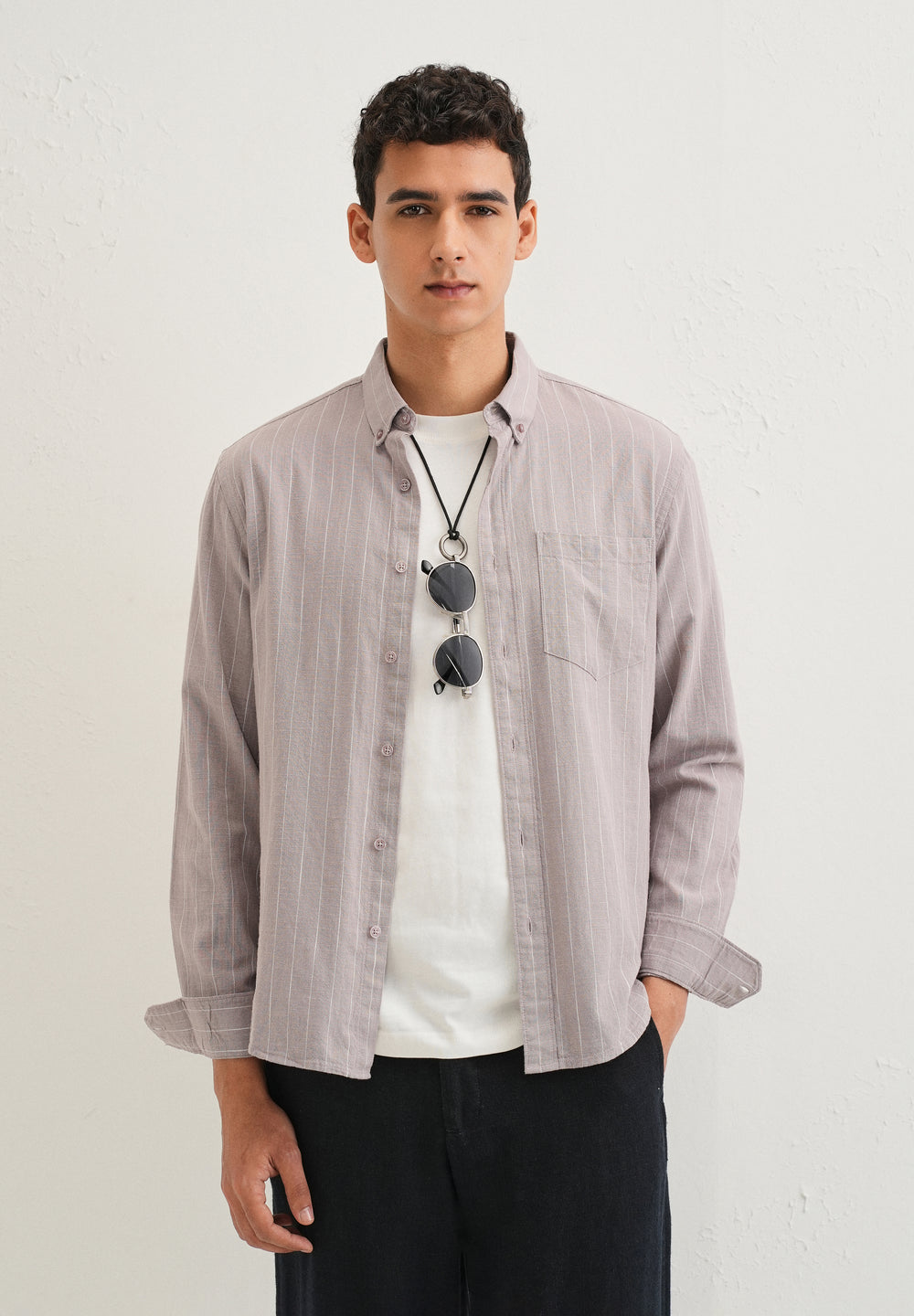 Lavender Gray Striped Cotton Linen Shirt