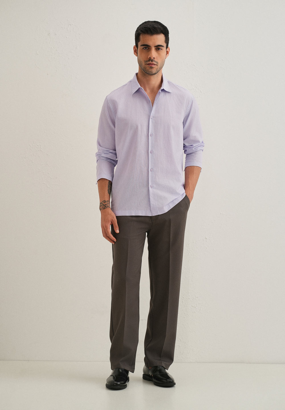 Lavender Hidden Sleeve Placket Cotton Linen Shirt