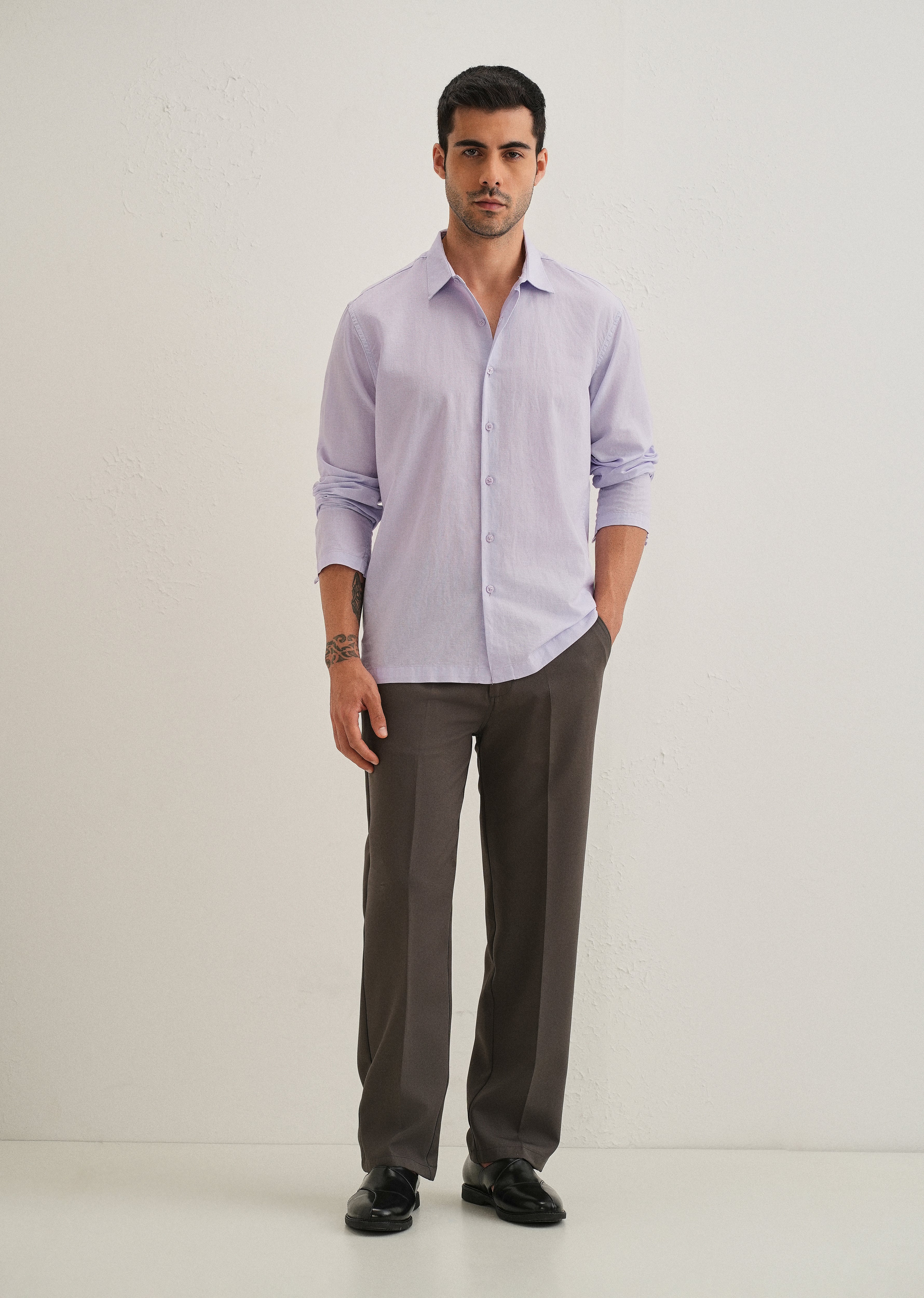 Lavender Hidden Sleeve Placket Cotton Linen Shirt