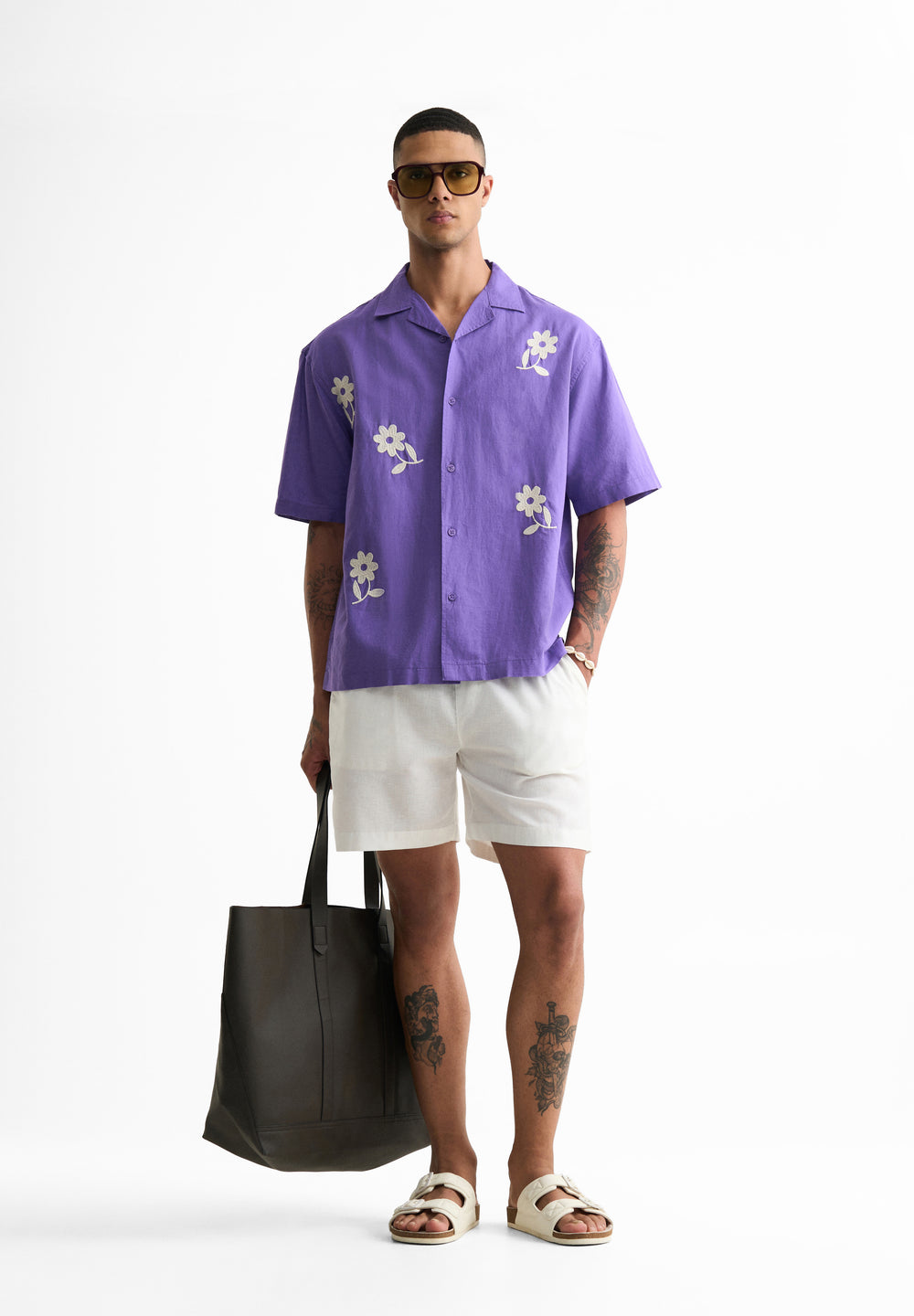 Lavender Floral Placement Embroidered Shirt