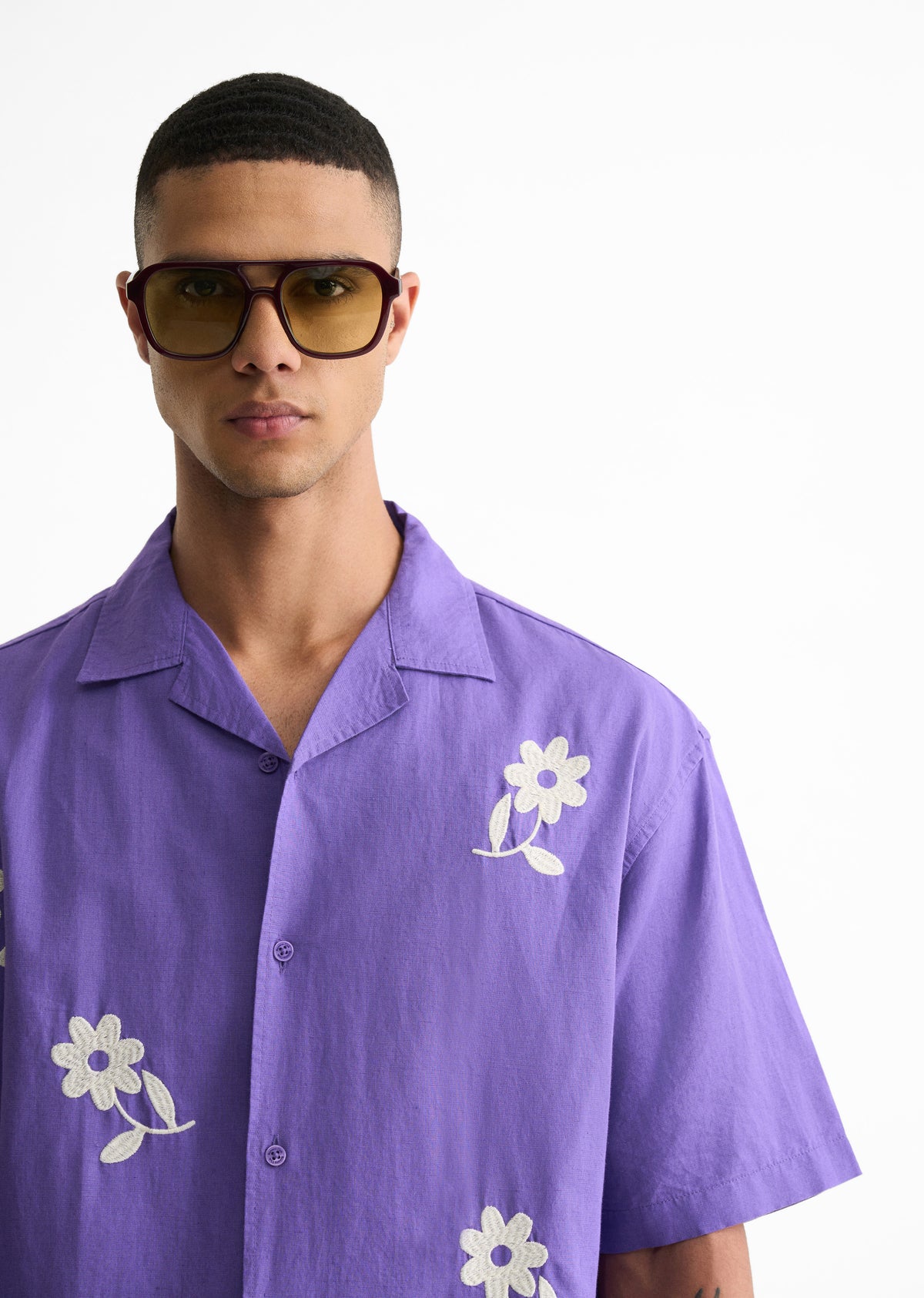 Lavender Floral Placement Embroidered Shirt