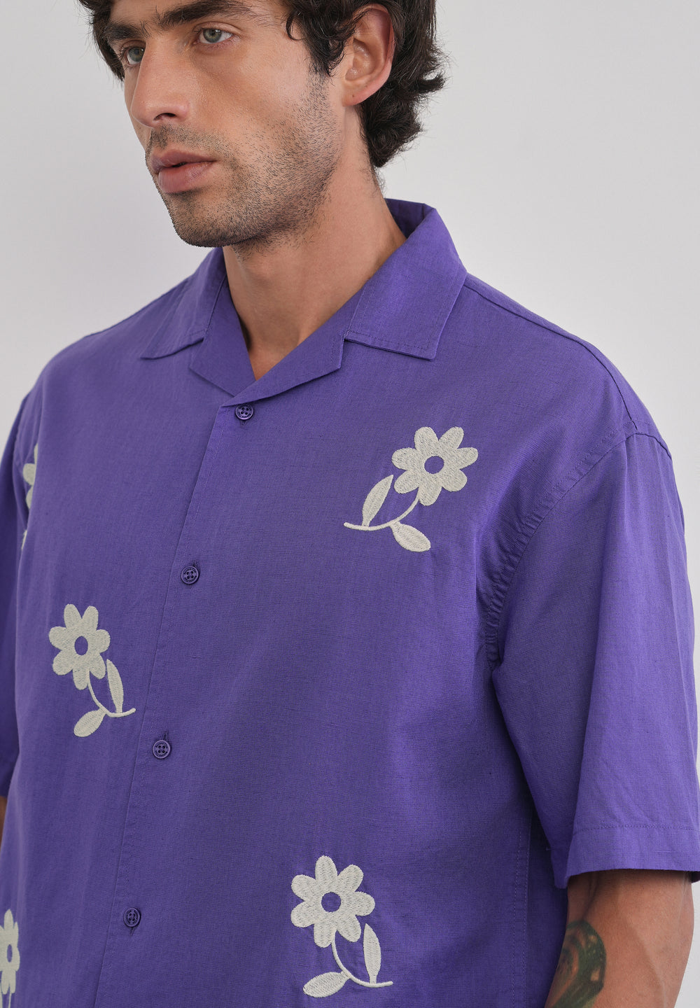 Lavender Floral Placement Embroidered Shirt