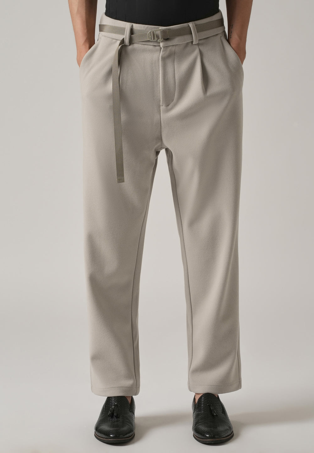 Light Beige Relaxed Fit Textured Pleated Pant