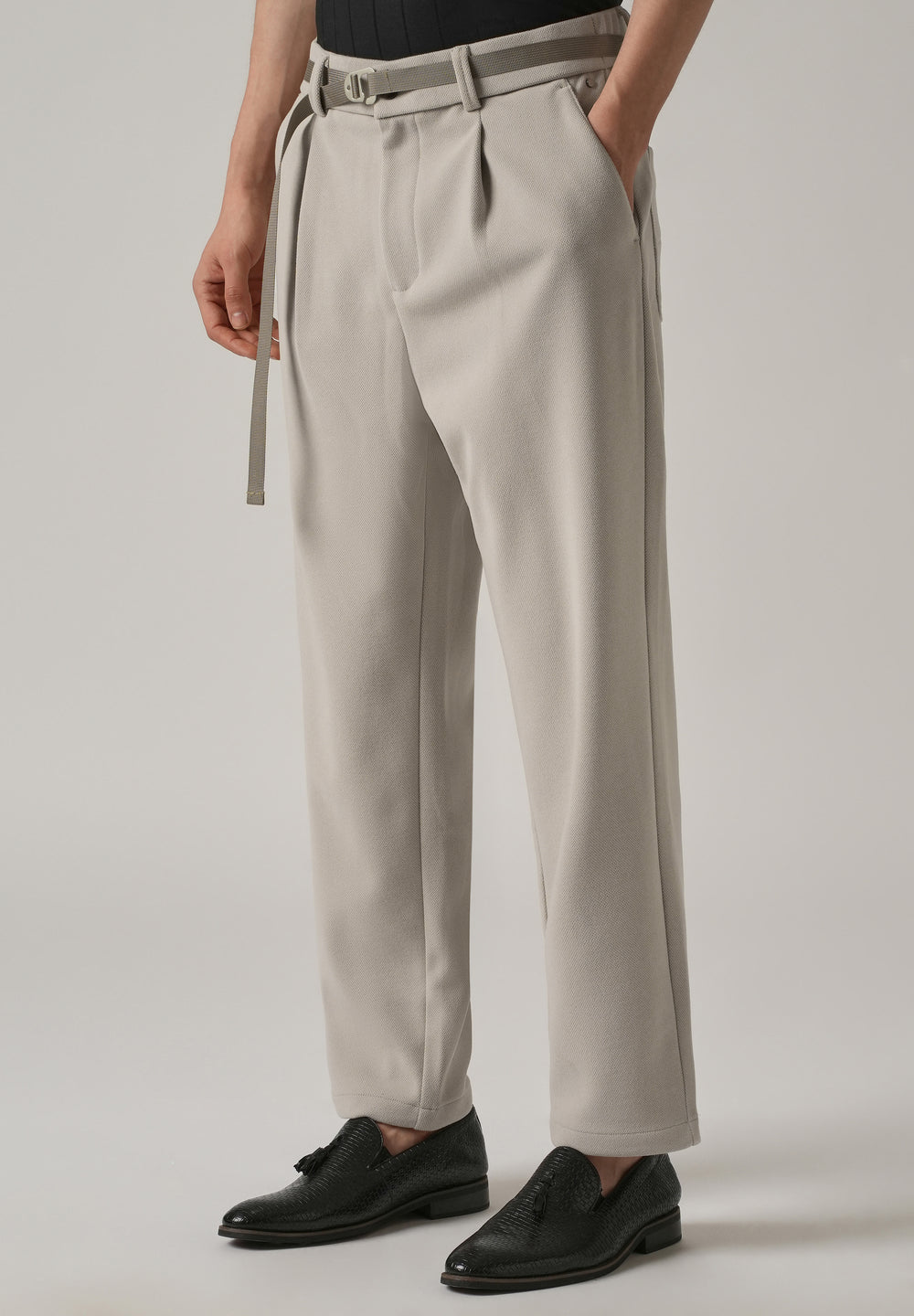 Light Beige Relaxed Fit Textured Pleated Pant