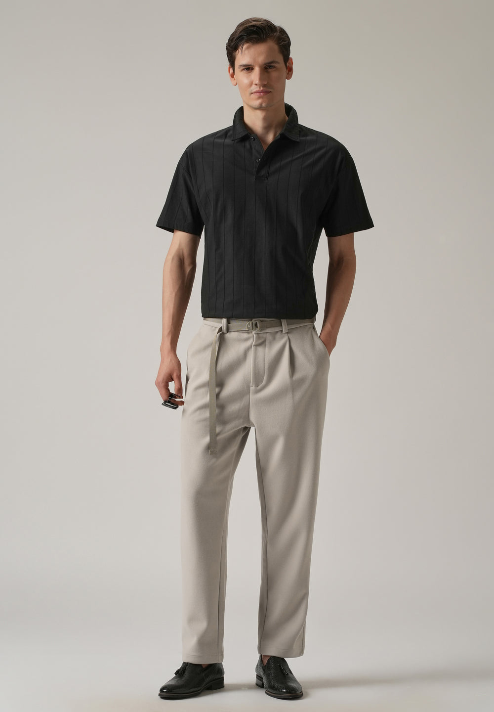 Light Beige Relaxed Fit Textured Pleated Pant