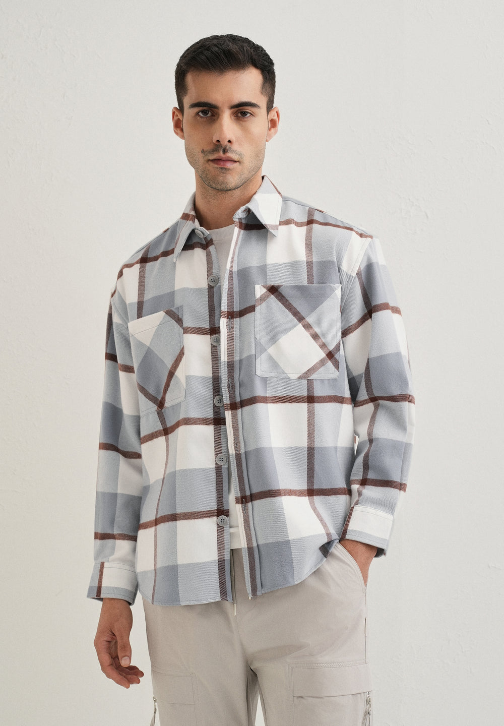 Light Blue Checked Relaxed Fit Shacket