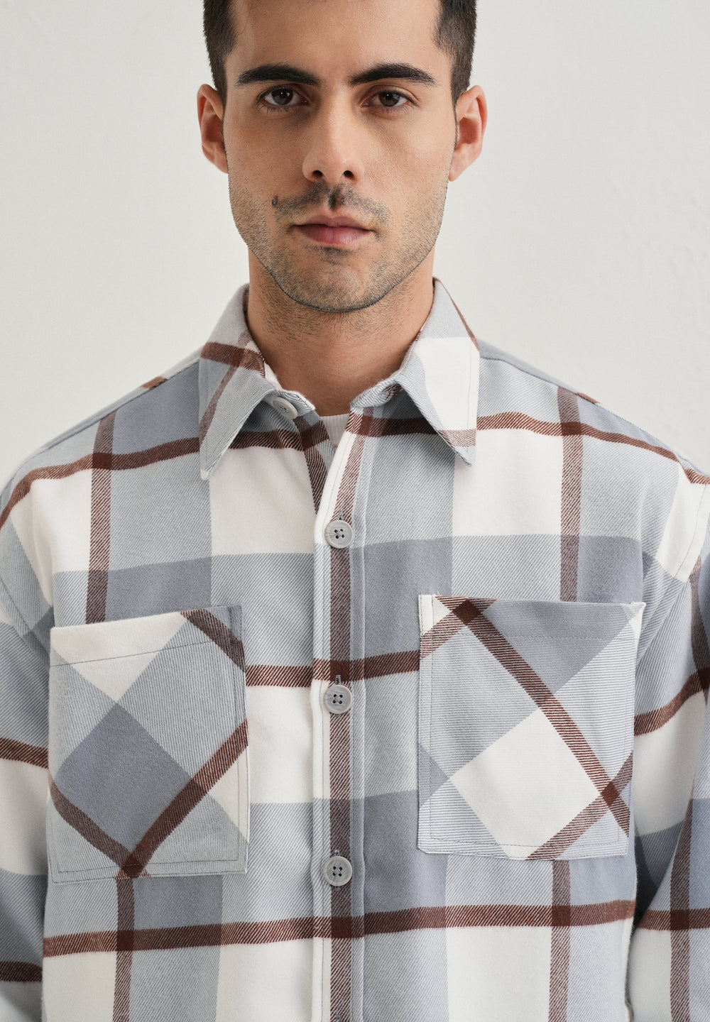Light Blue Checked Relaxed Fit Shacket