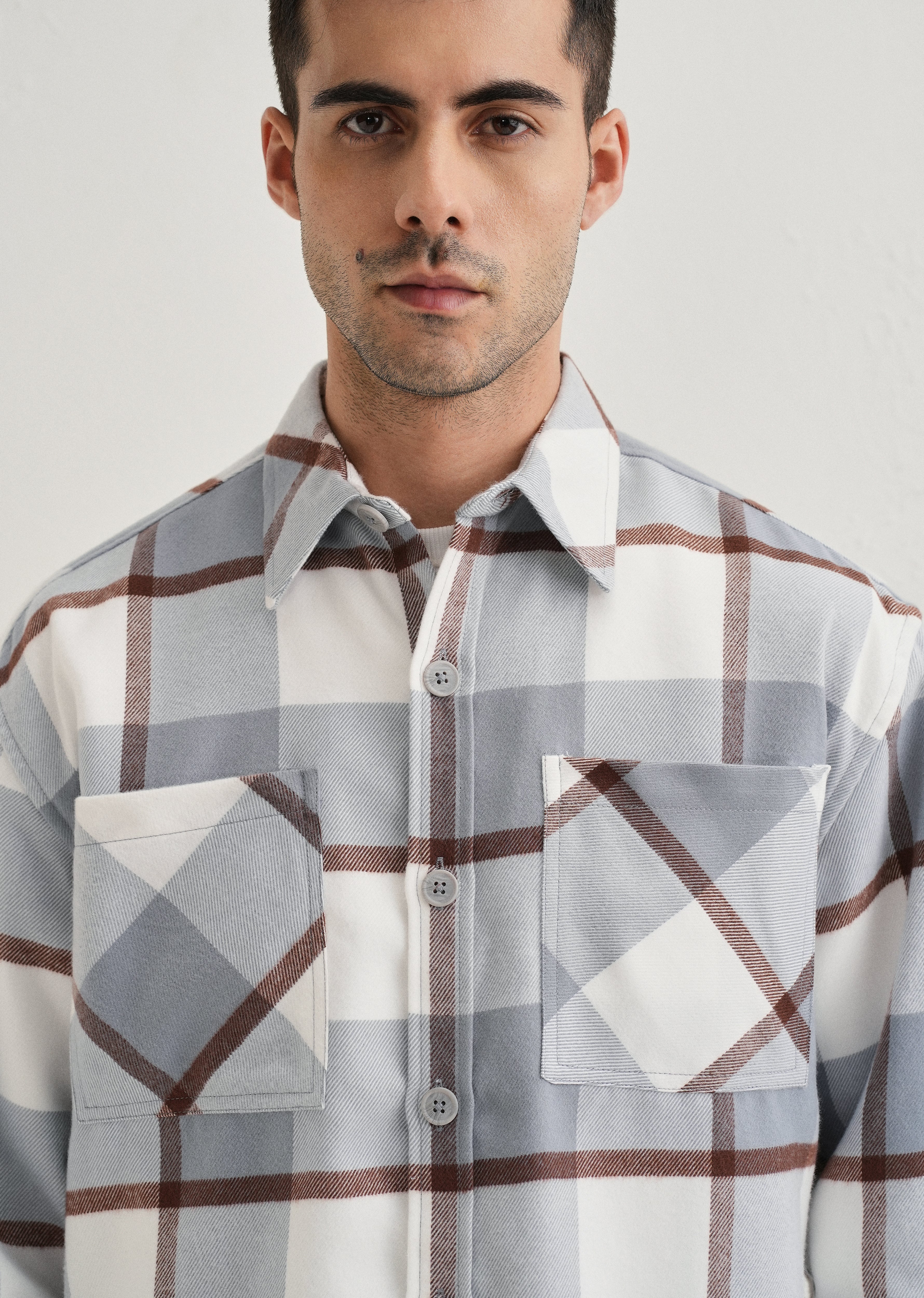 Light Blue Checked Relaxed Fit Shacket