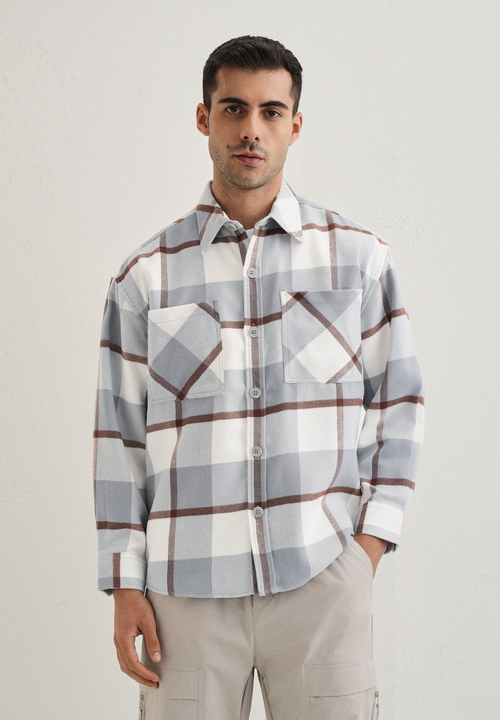 Light Blue Checked Relaxed Fit Shacket
