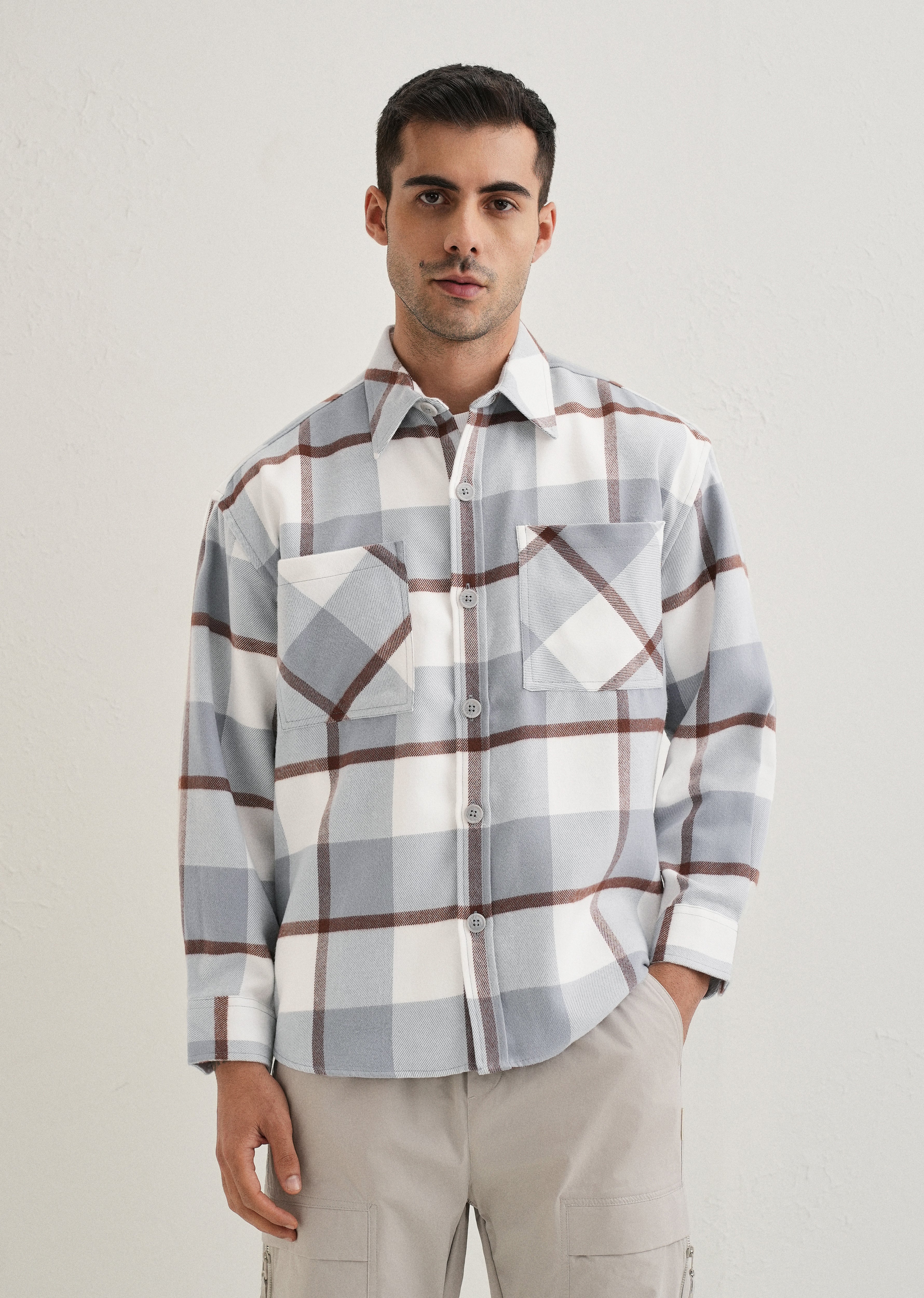 Light Blue Checked Relaxed Fit Shacket