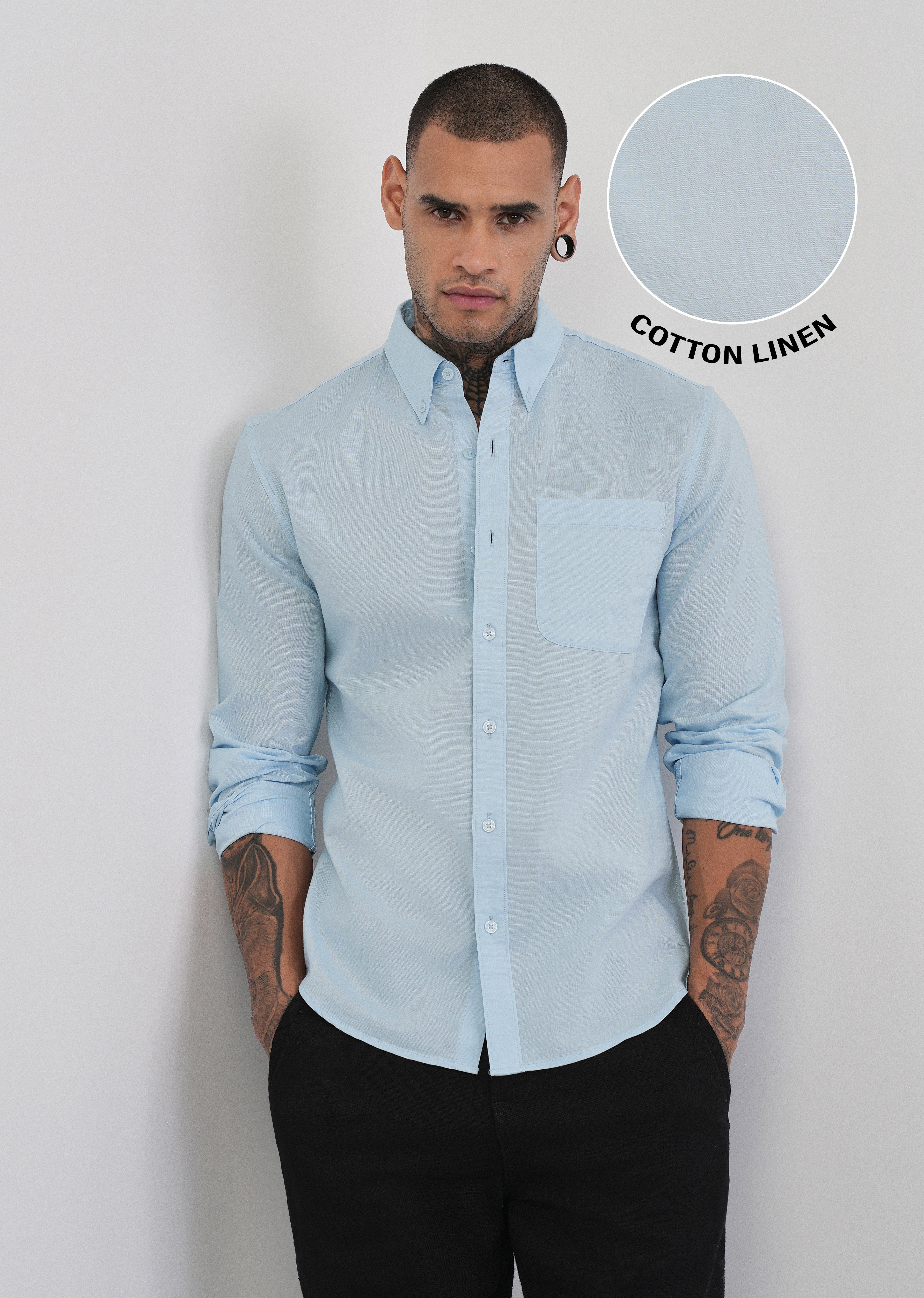 Light Blue Cotton Linen Plain Shirt