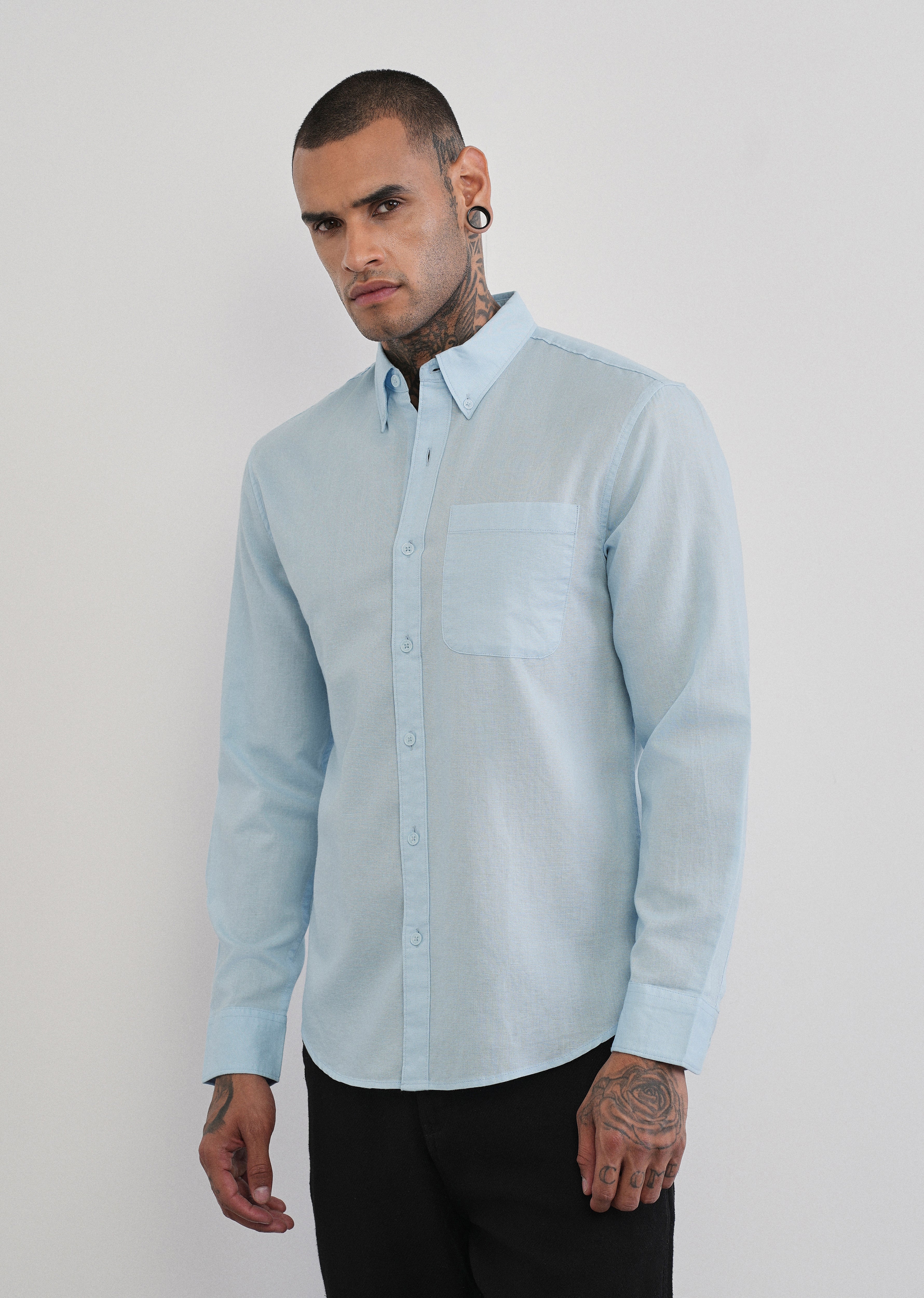 Light Blue Cotton Linen Plain Shirt