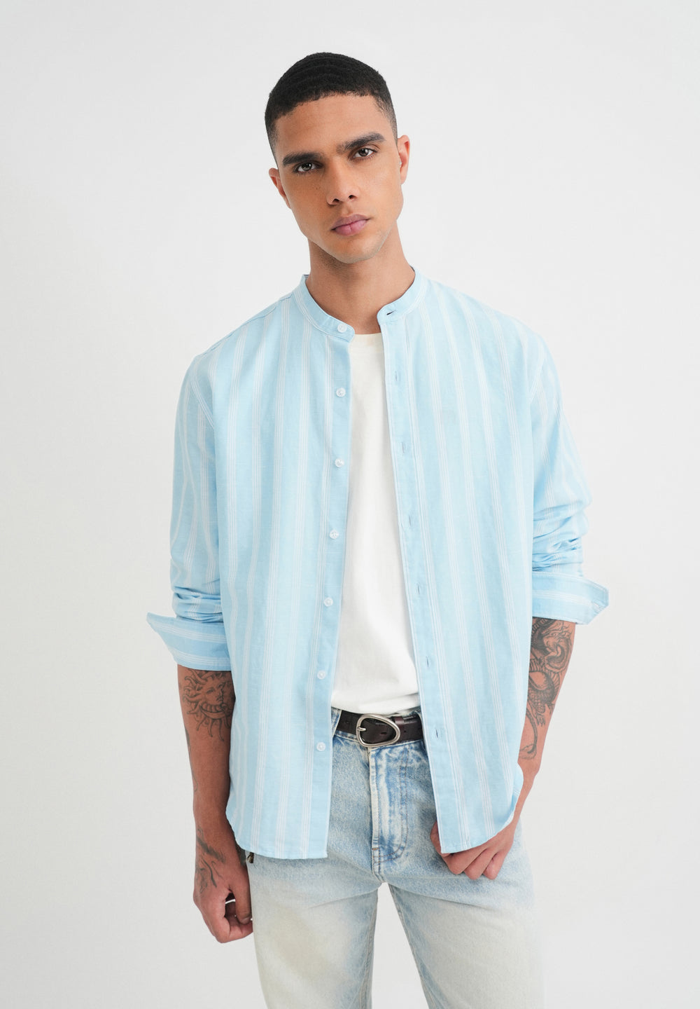 Light Blue Cotton Linen Stripe Shirt