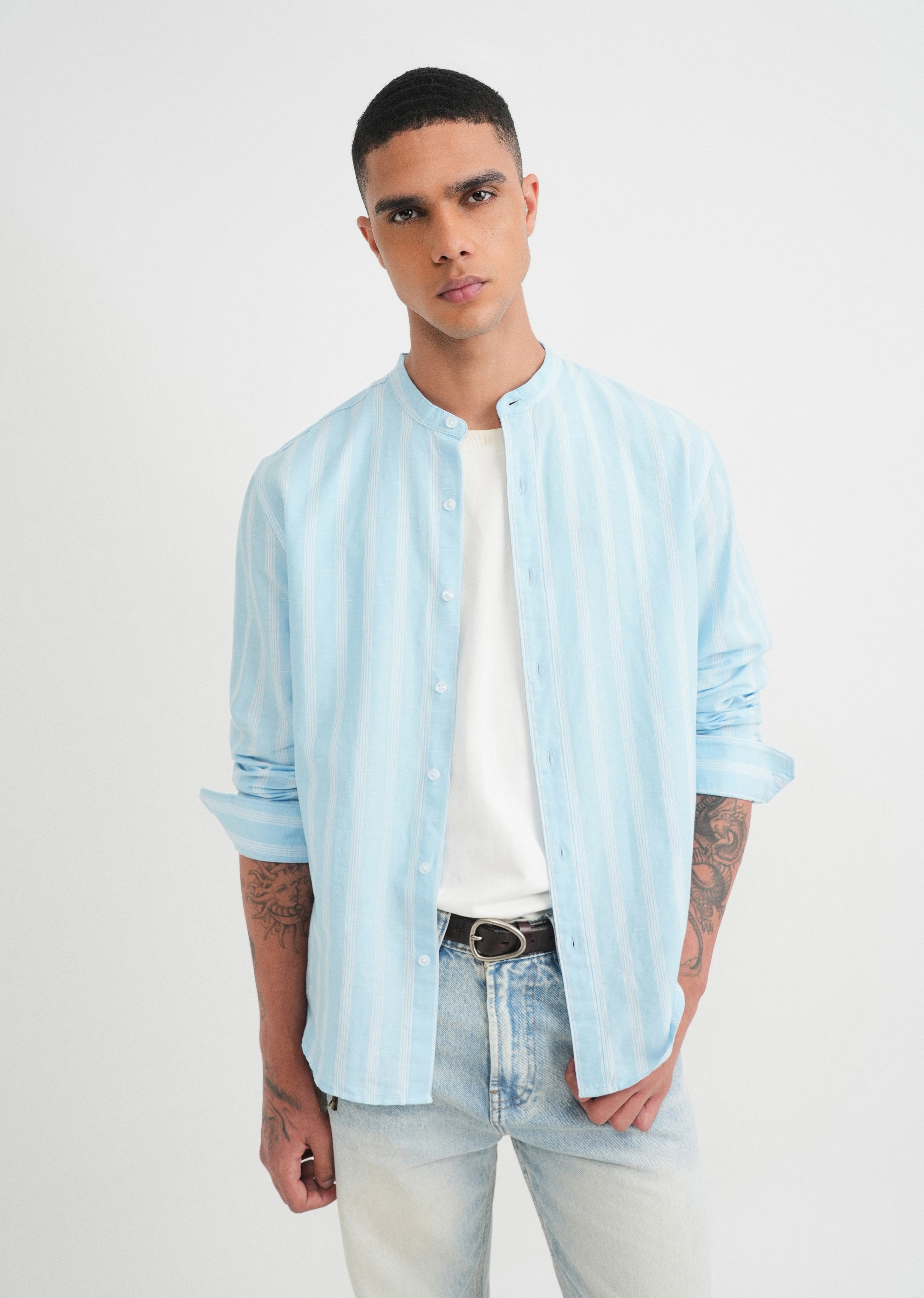 Light Blue Cotton Linen Stripe Shirt