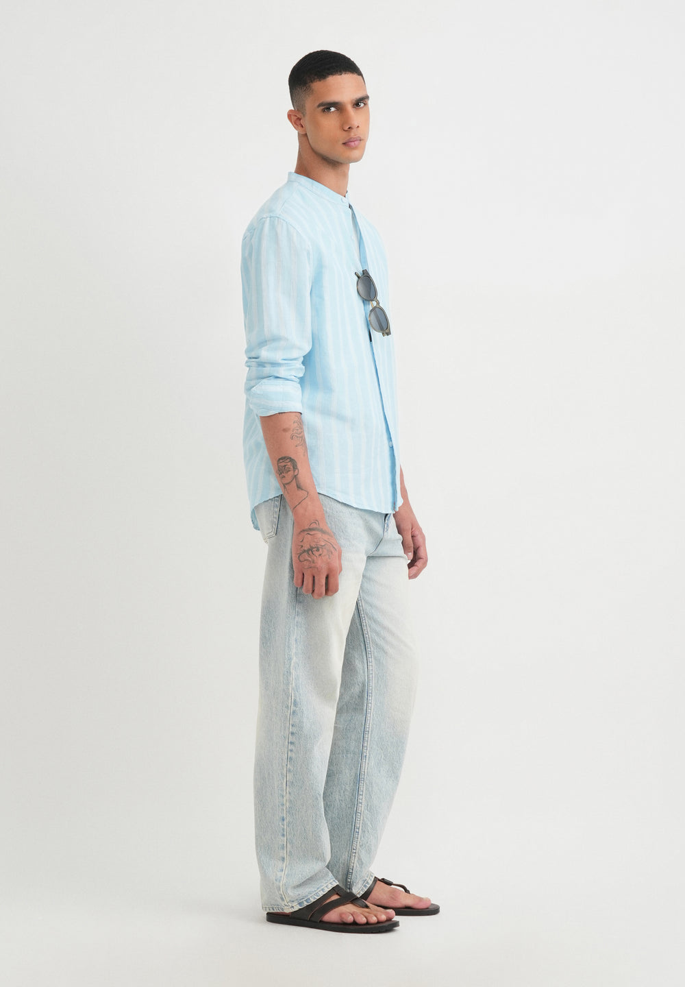 Light Blue Cotton Linen Stripe Shirt