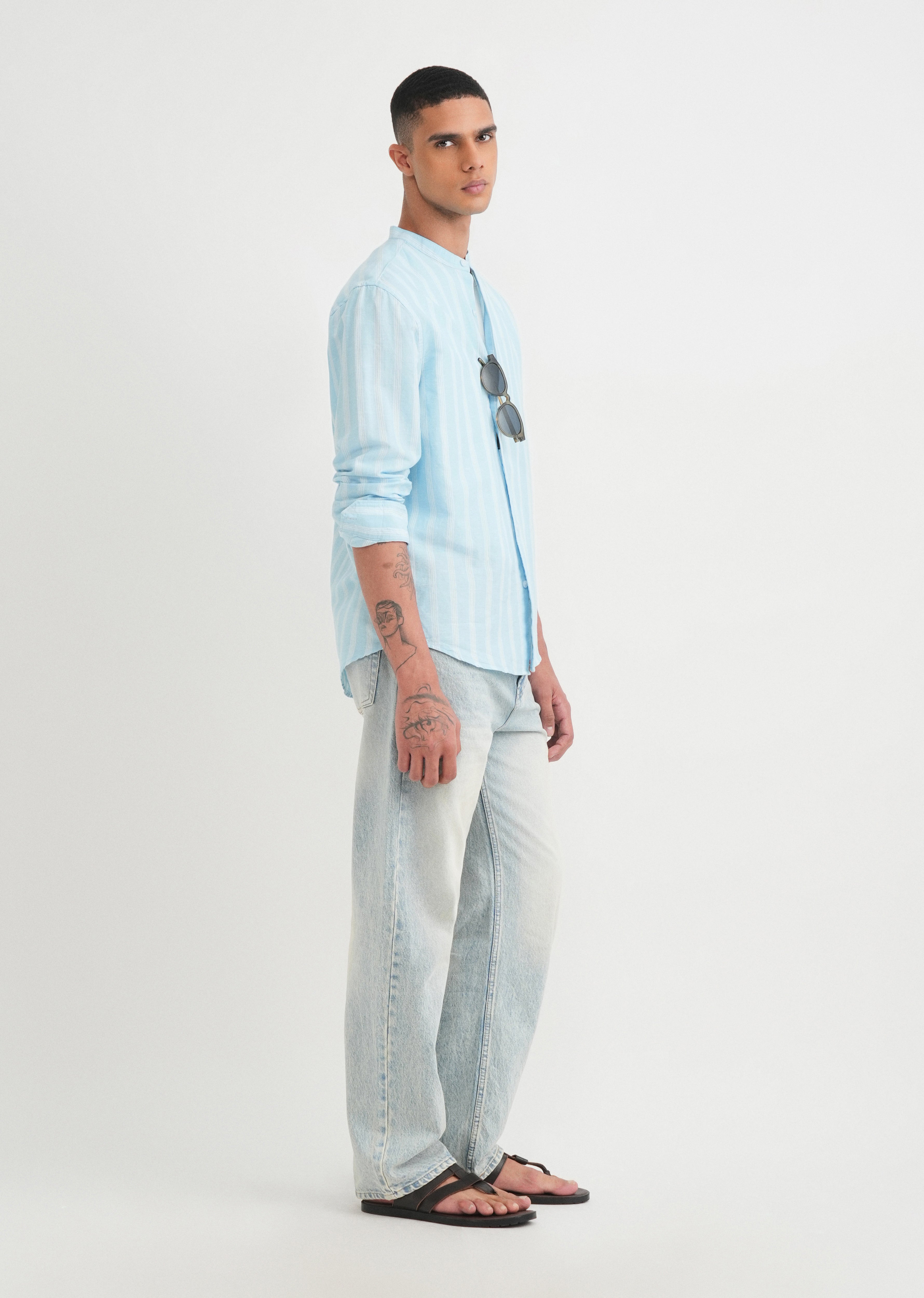 Light Blue Cotton Linen Stripe Shirt