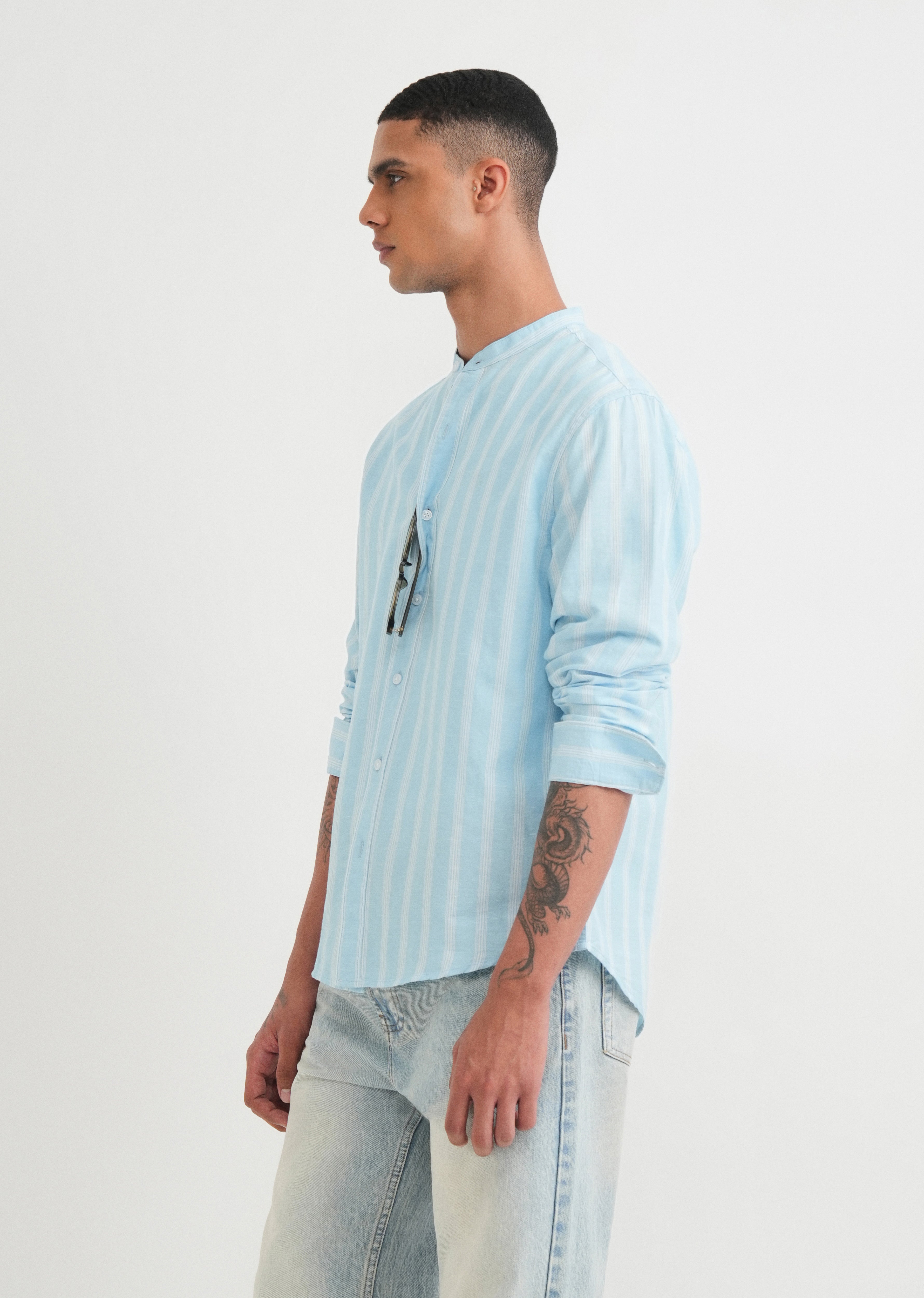 Light Blue Cotton Linen Stripe Shirt