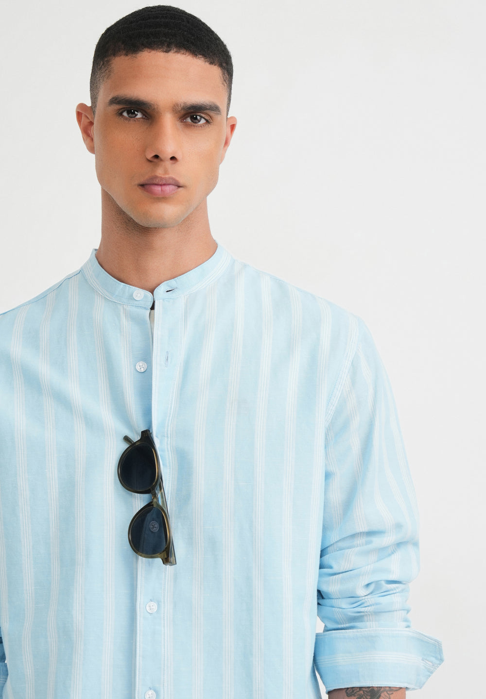 Light Blue Cotton Linen Stripe Shirt