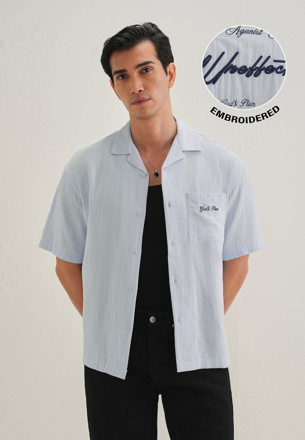 Light Blue Embroidered Double Cloth Cotton Shirt