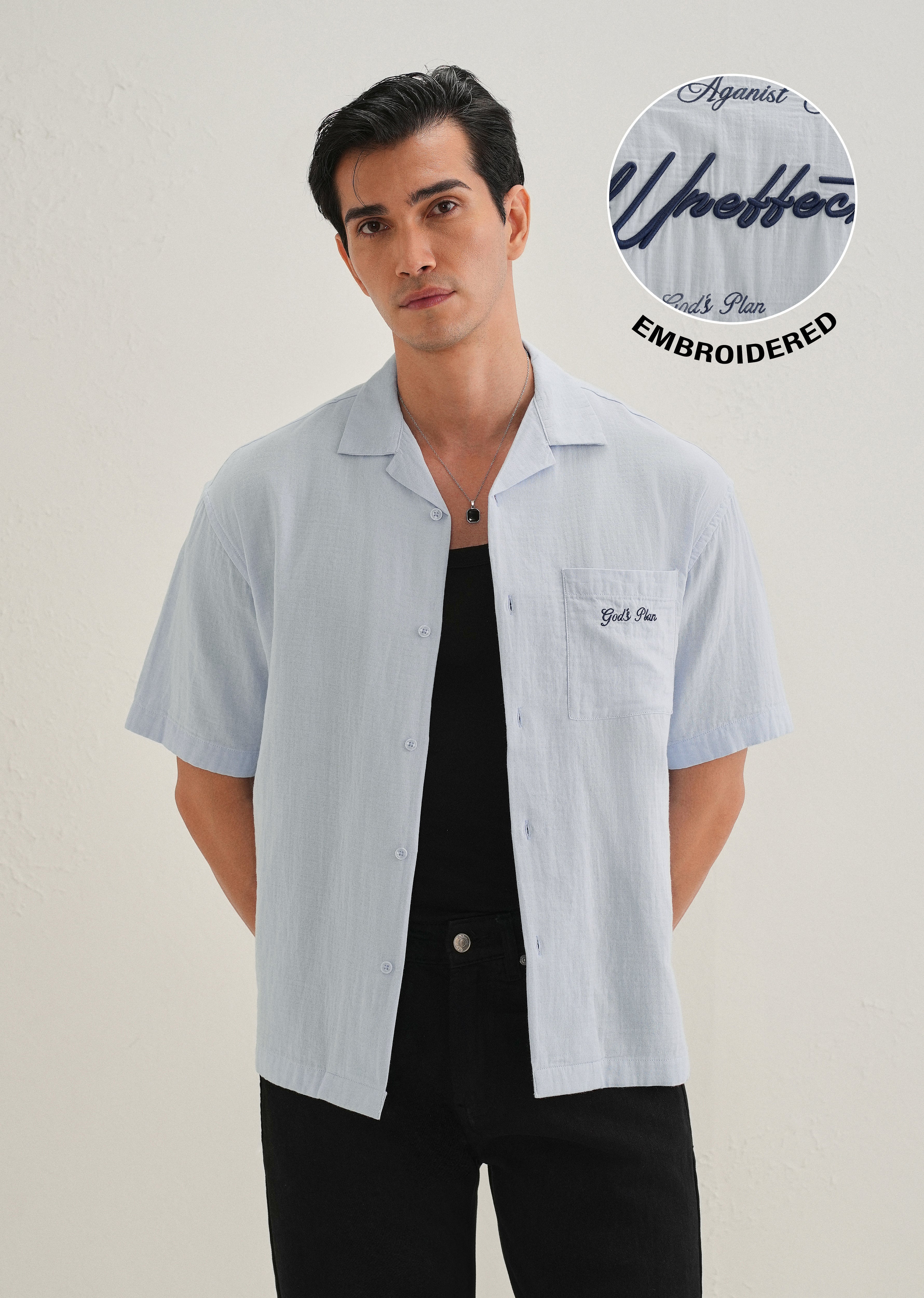 Light Blue Embroidered Double Cloth Cotton Shirt