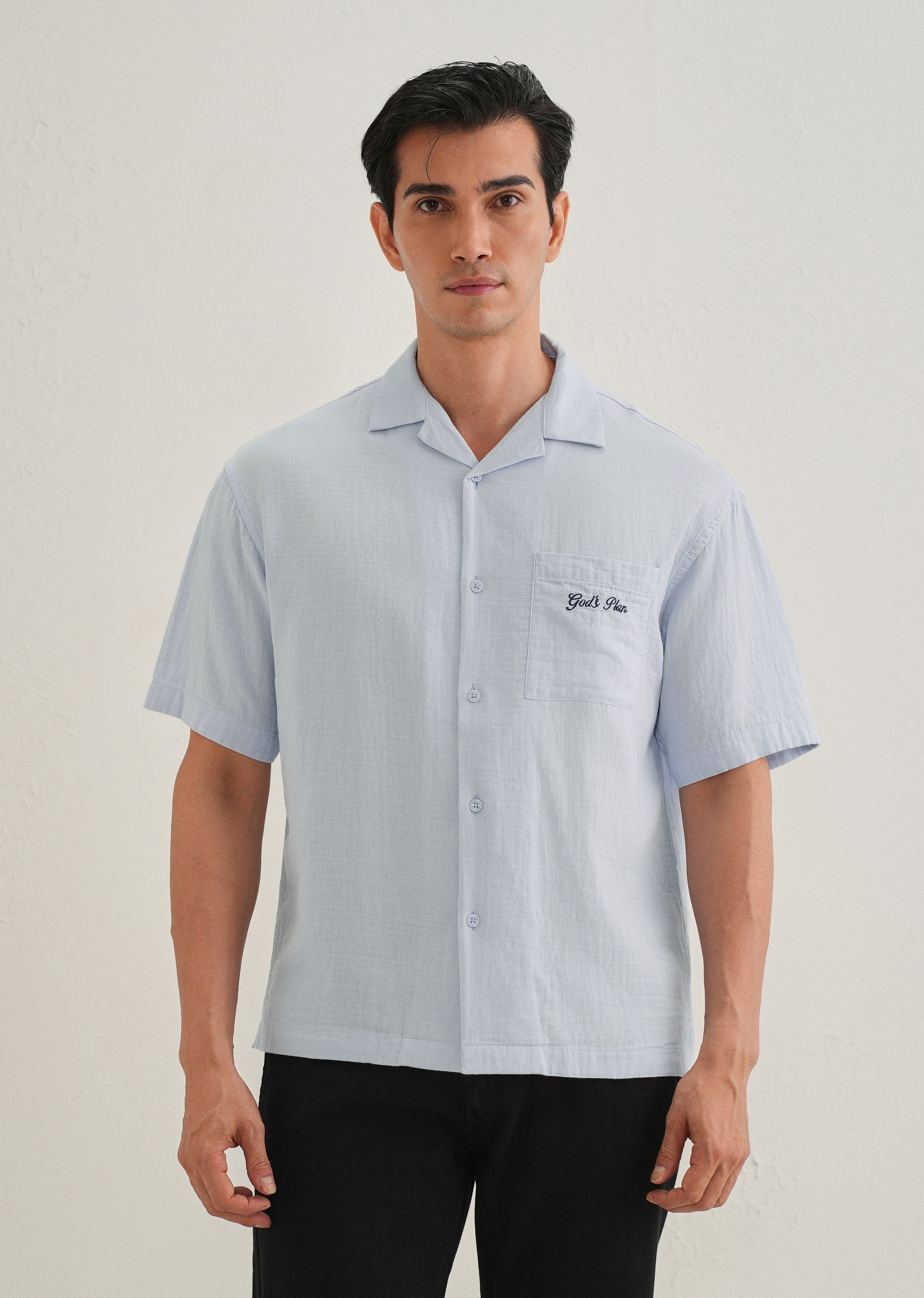 Light Blue Embroidered Double Cloth Cotton Shirt