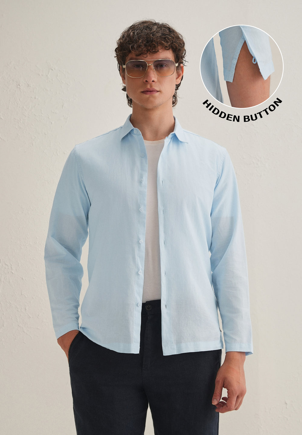 Light Blue Hidden Sleeve Placket Cotton Linen Shirt