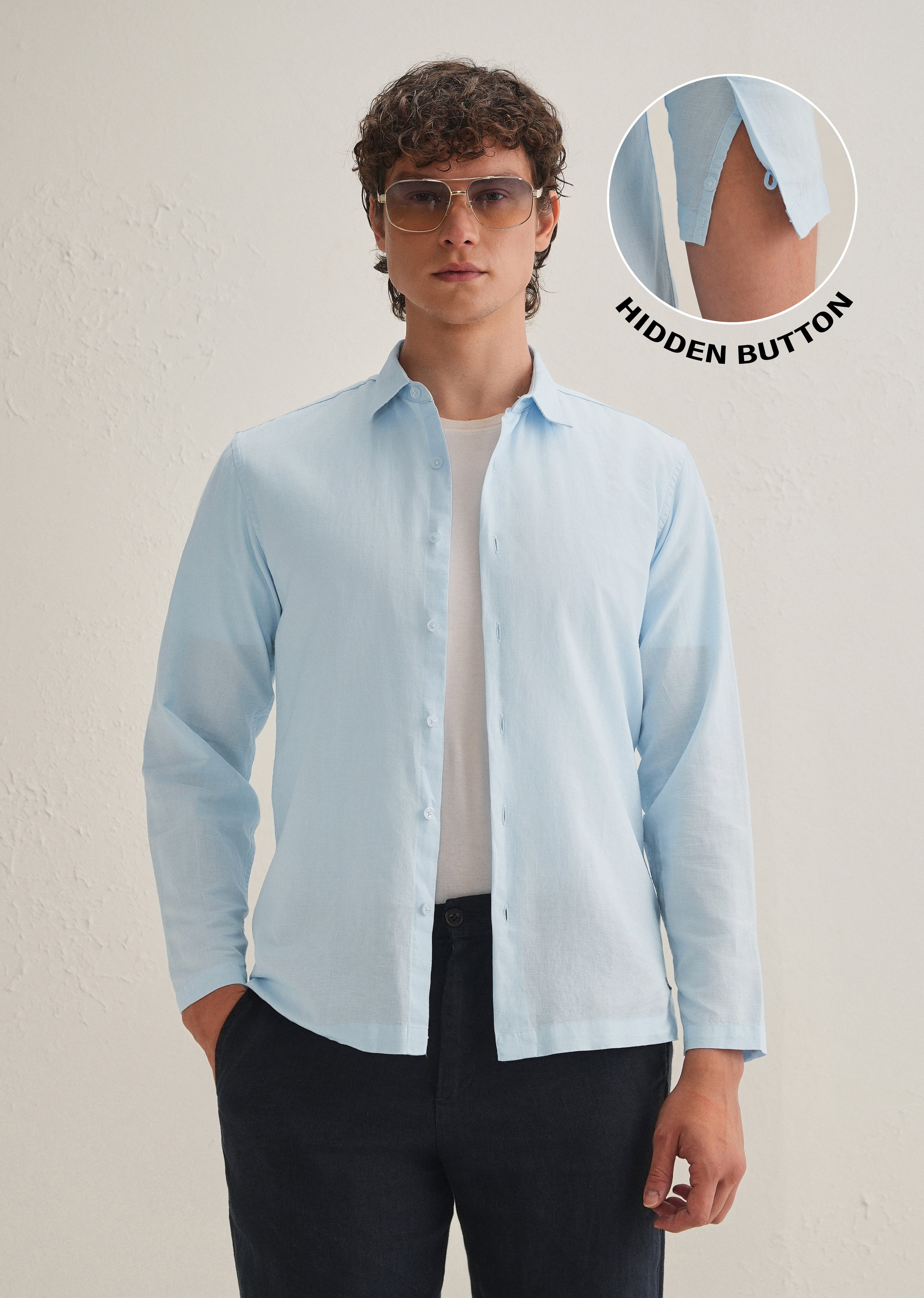 Light Blue Hidden Sleeve Placket Cotton Linen Shirt