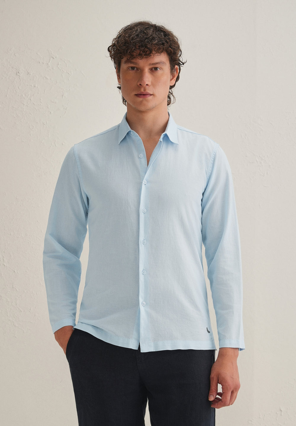 Light Blue Hidden Sleeve Placket Cotton Linen Shirt
