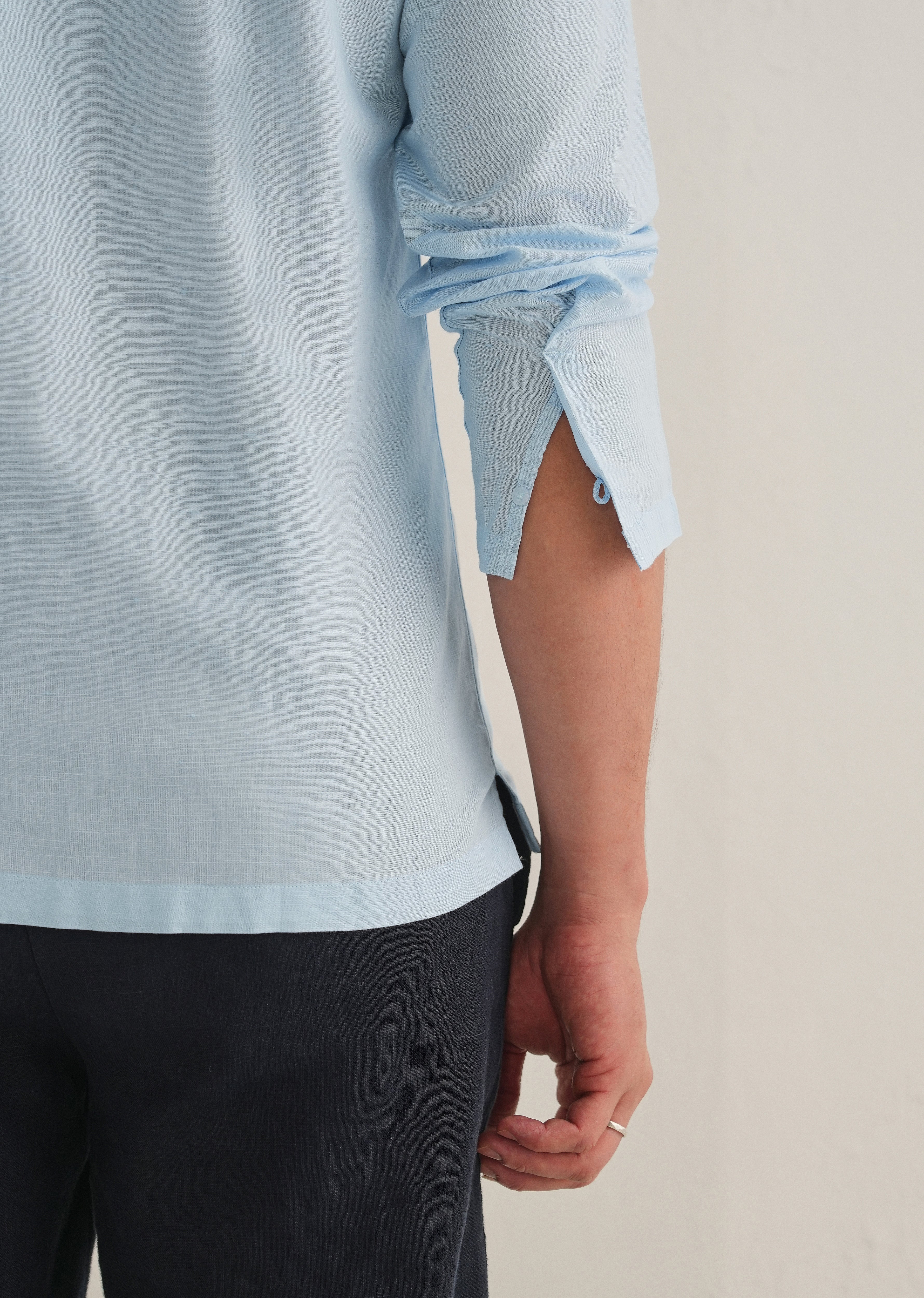 Light Blue Hidden Sleeve Placket Cotton Linen Shirt