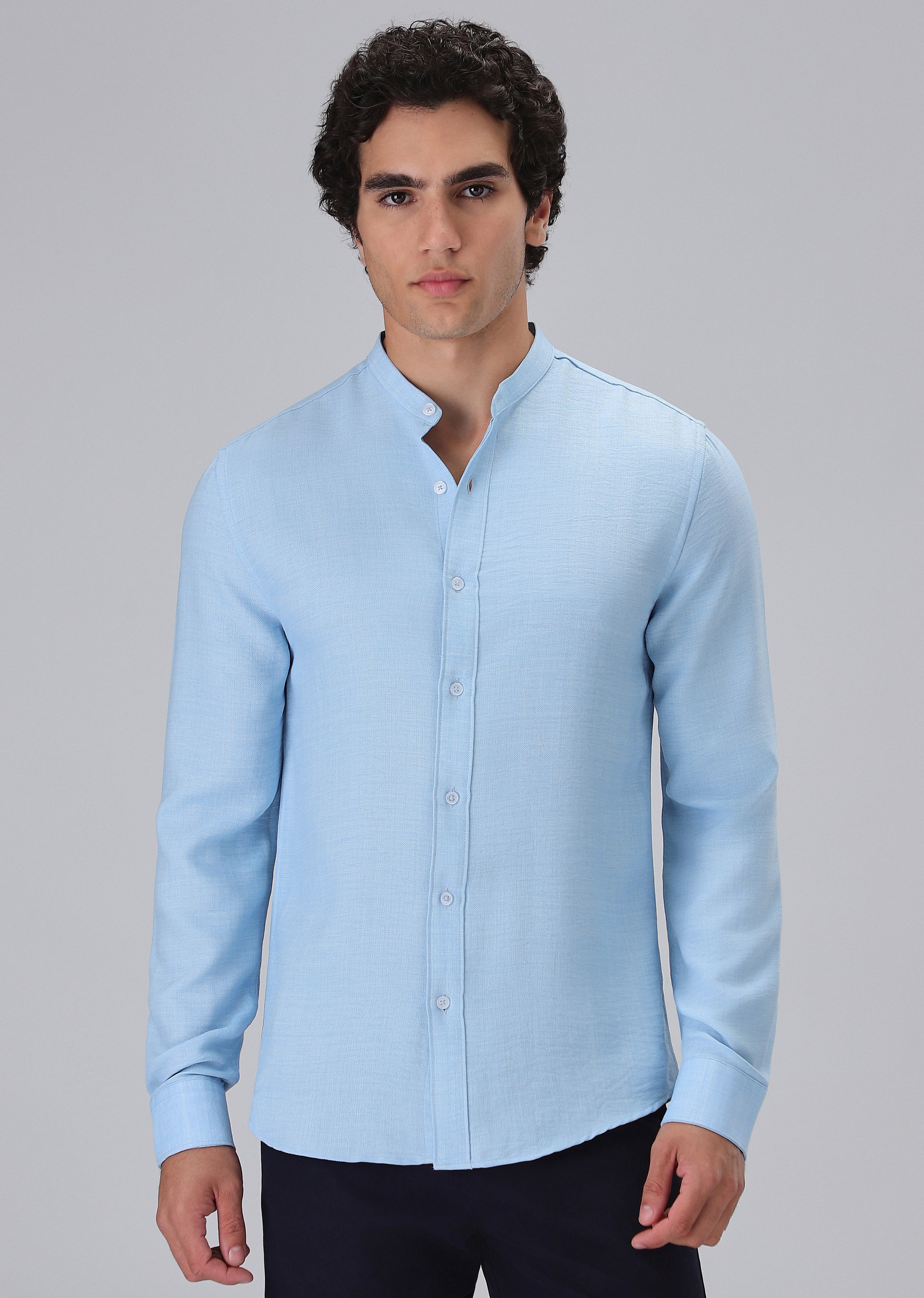 Light Blue Plain Mandarin Collar Shirt