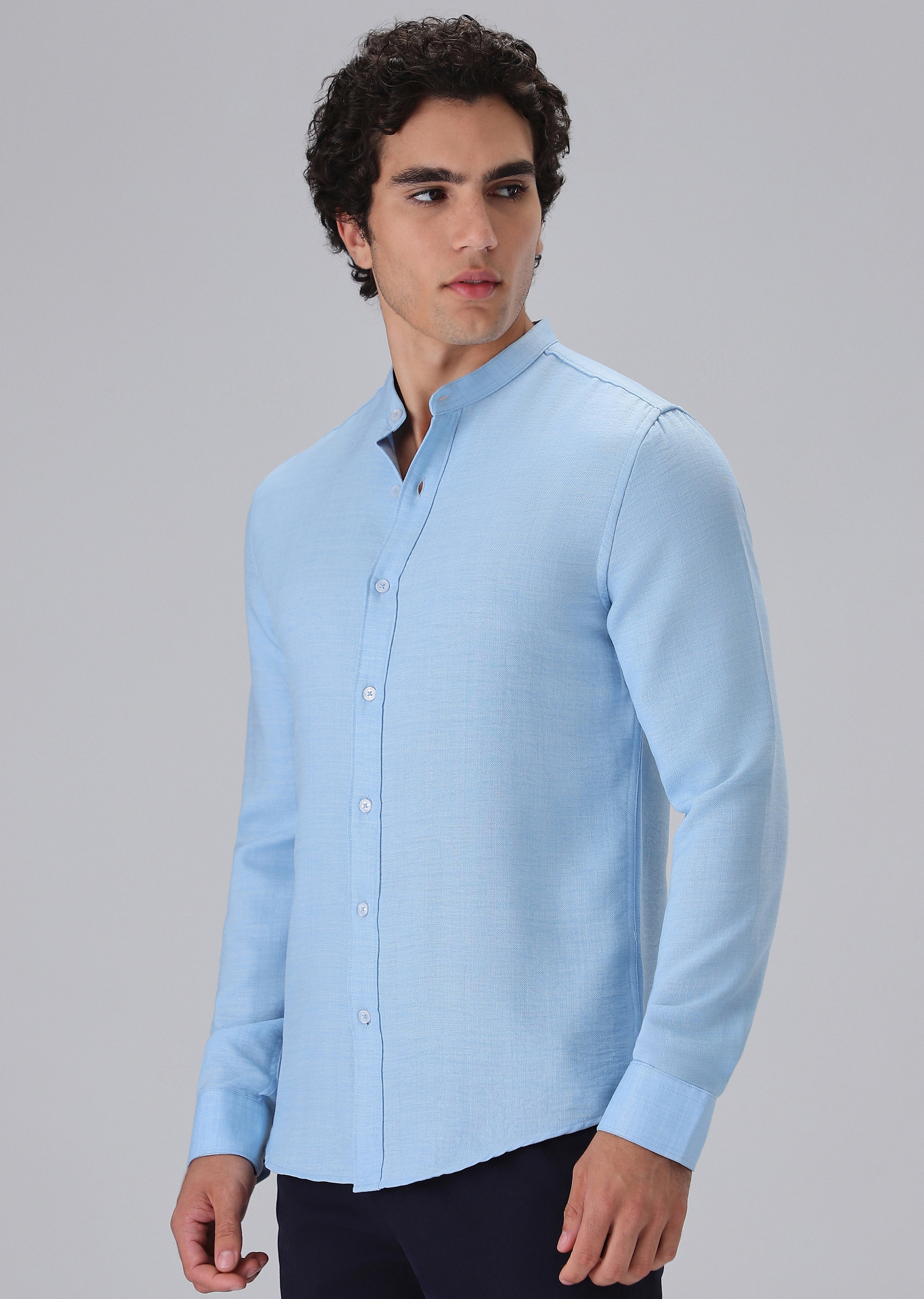 Light Blue Plain Mandarin Collar Shirt