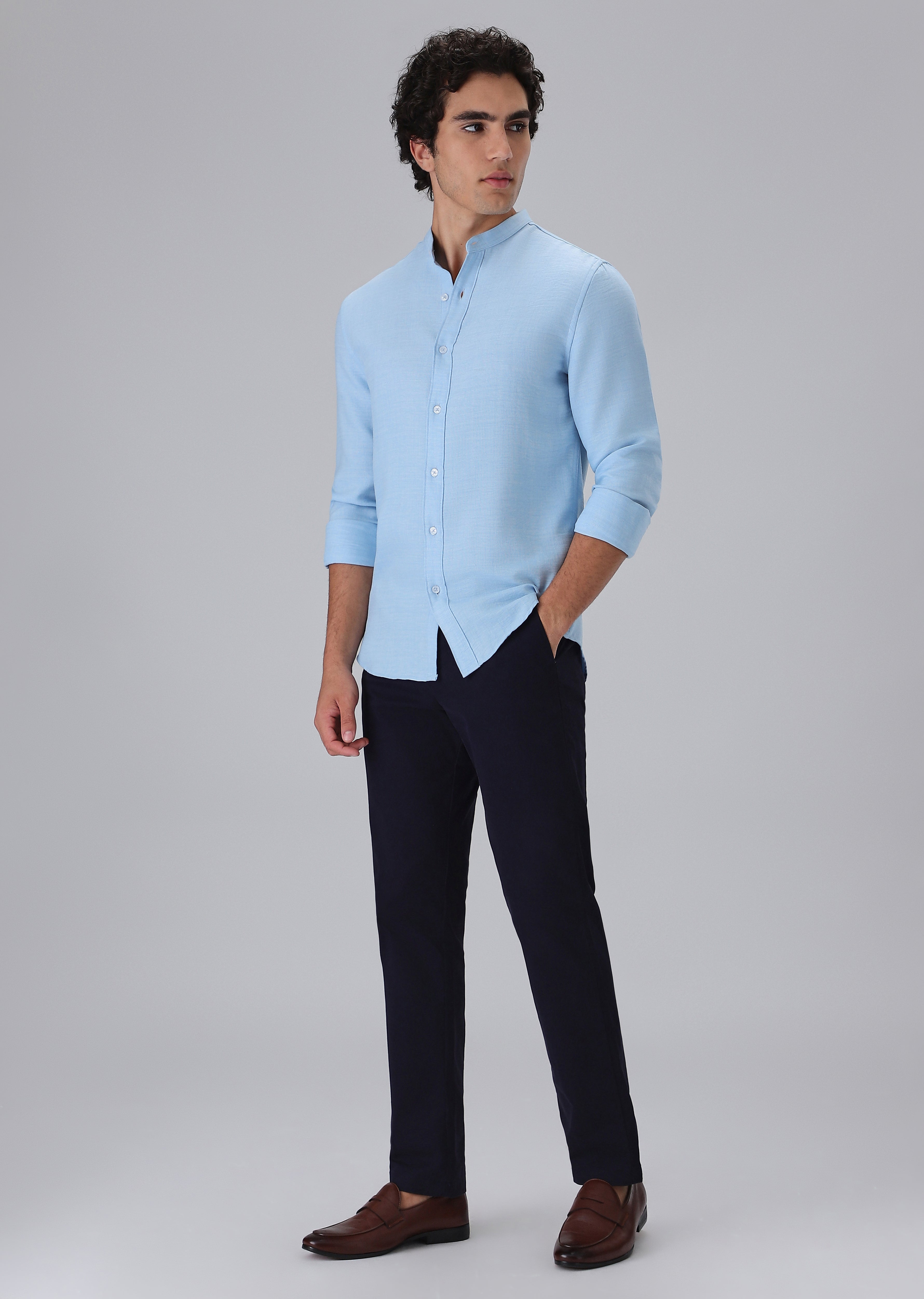 Light Blue Plain Mandarin Collar Shirt