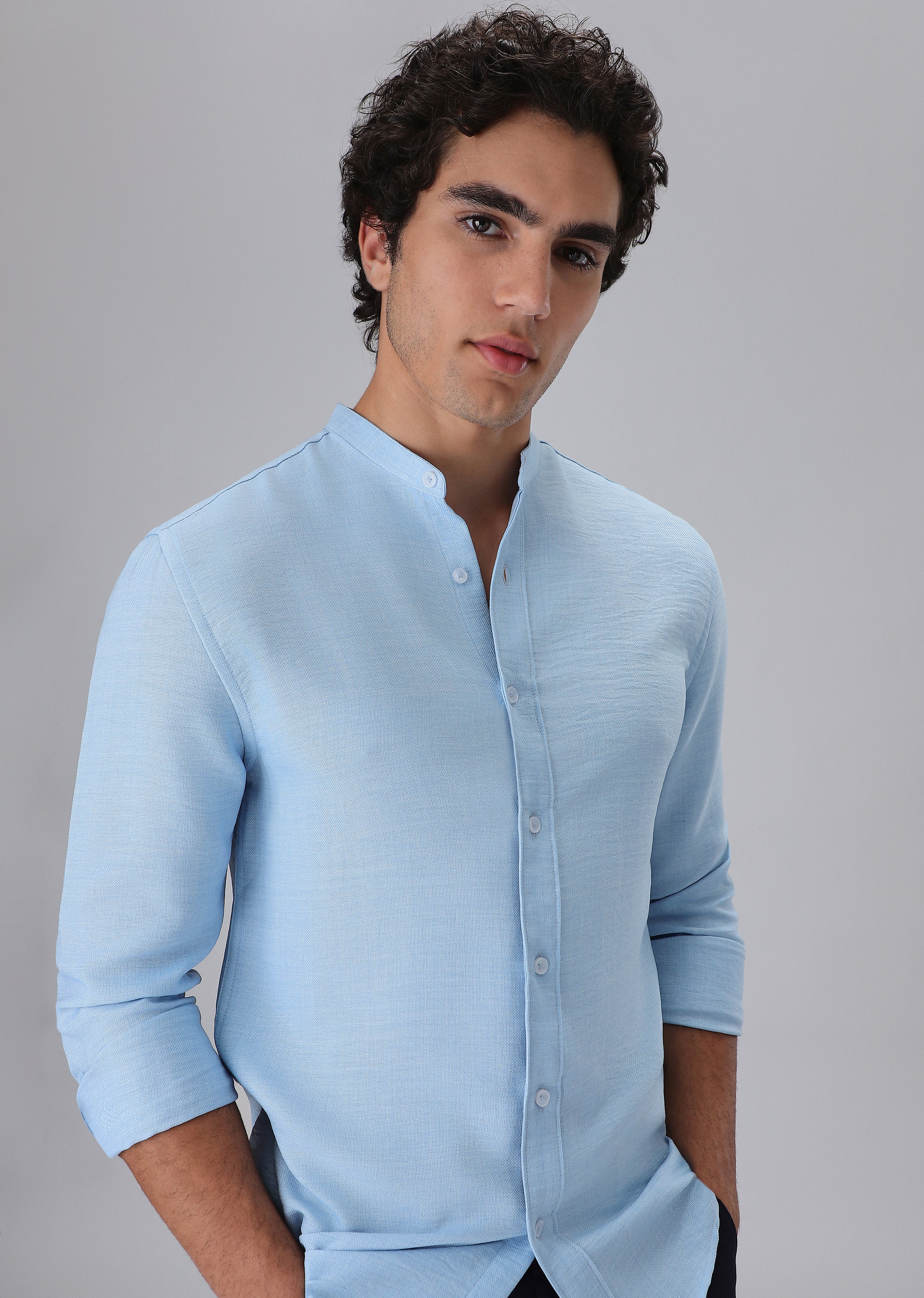 Light Blue Plain Mandarin Collar Shirt