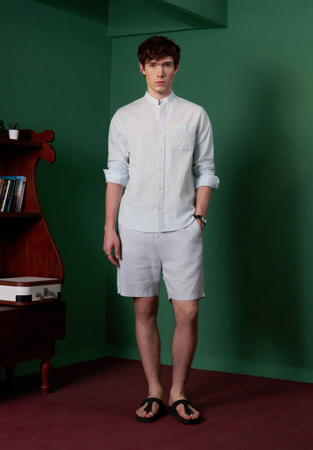 Light Blue Pocket Embroidery Linen Shirt