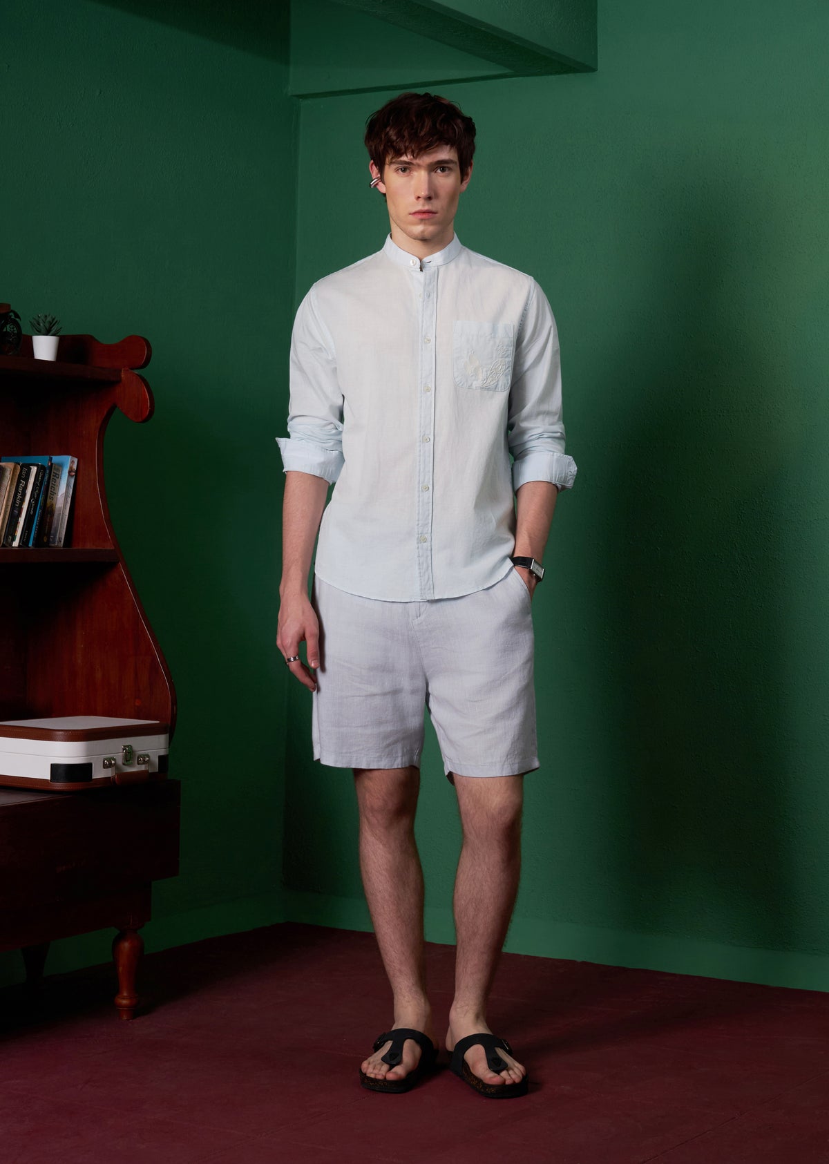 Light Blue Pocket Embroidery Linen Shirt