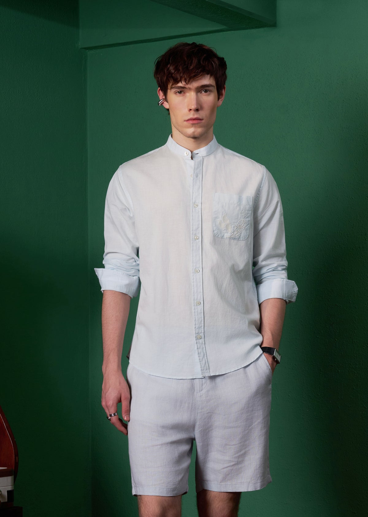 Light Blue Pocket Embroidery Linen Shirt