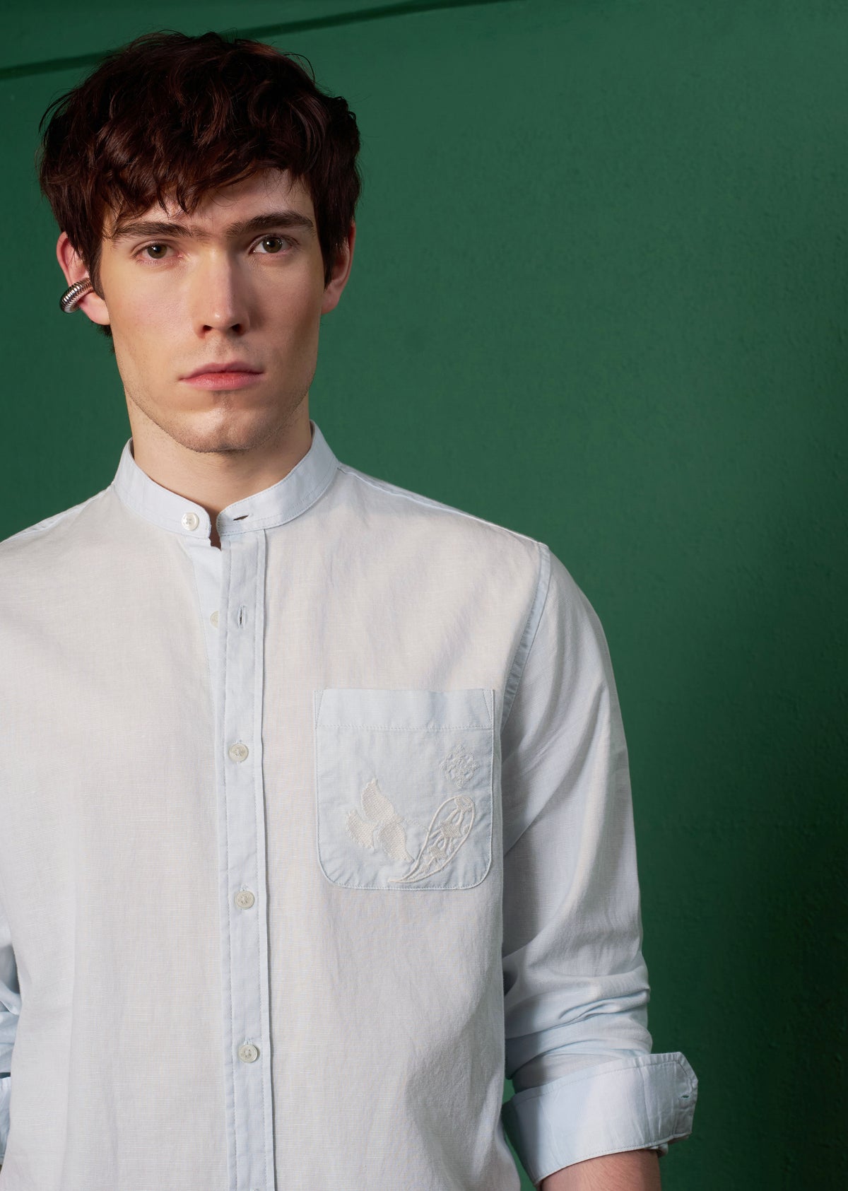 Light Blue Pocket Embroidery Linen Shirt
