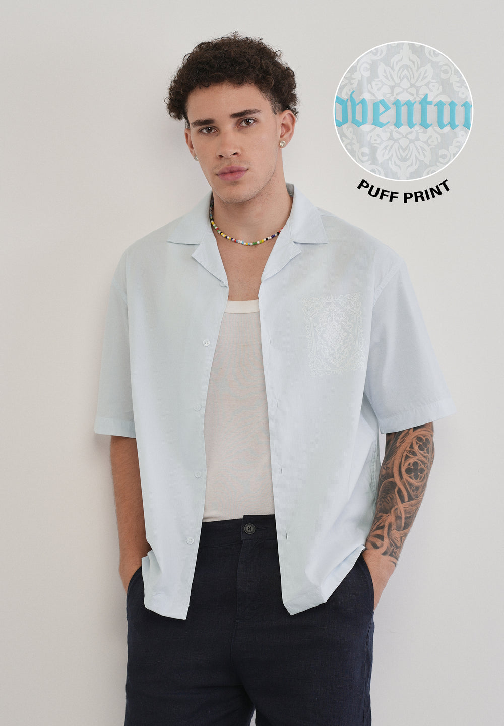 Light Blue Printed Cotton Stripe Shirt