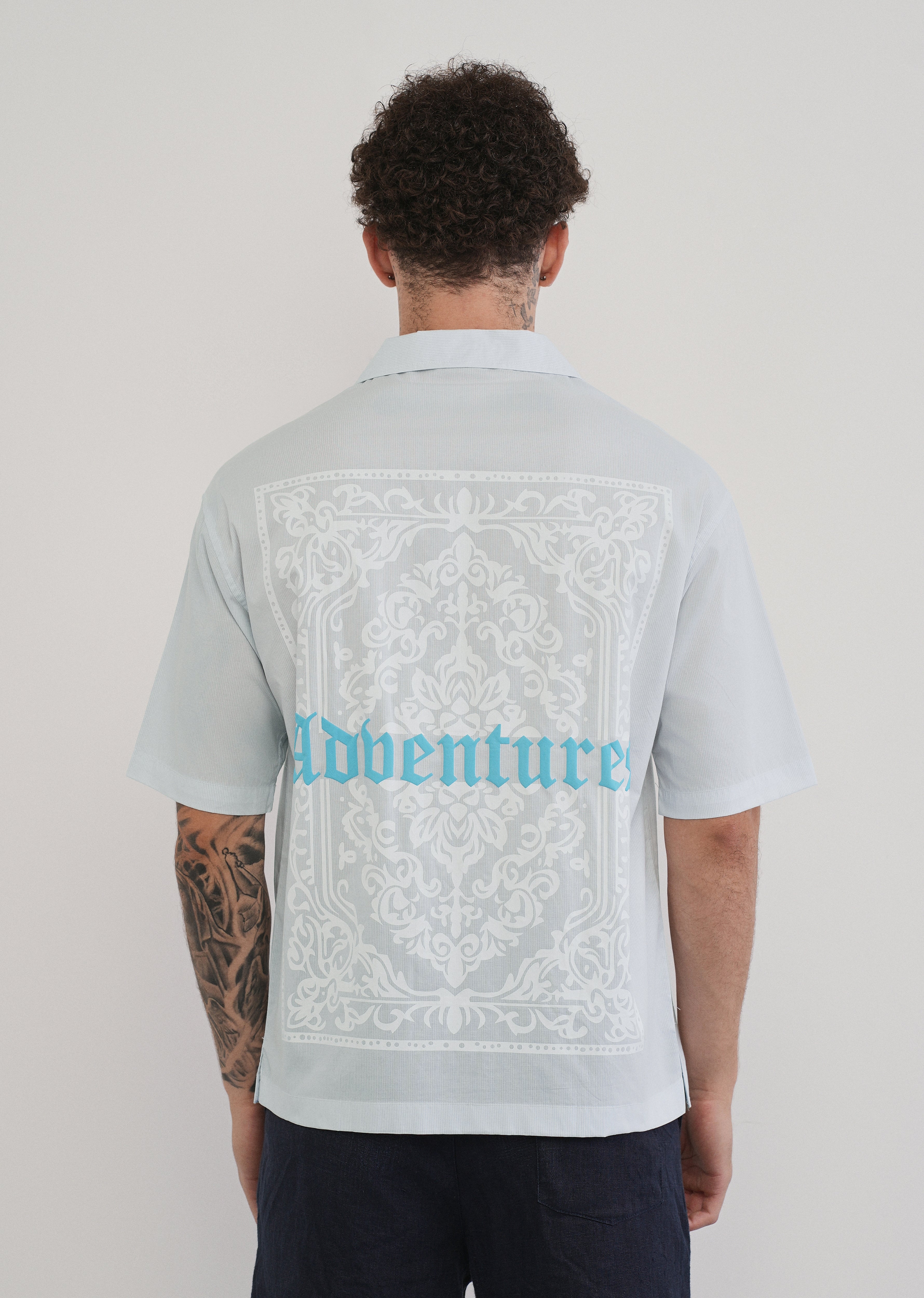 Light Blue Printed Cotton Stripe Shirt