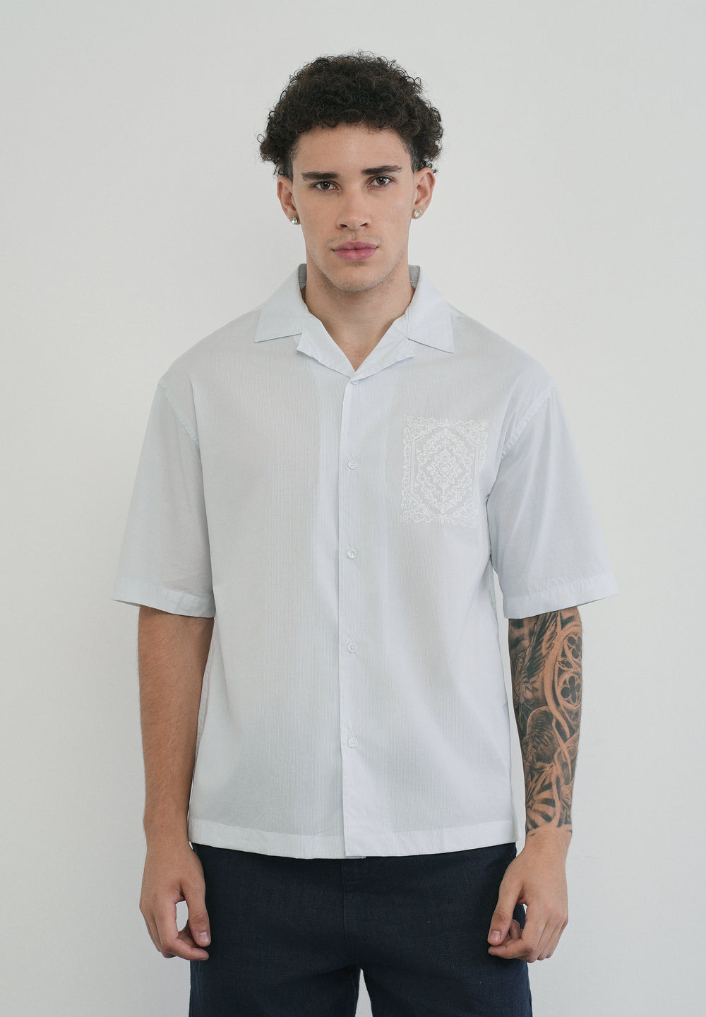 Light Blue Printed Cotton Stripe Shirt