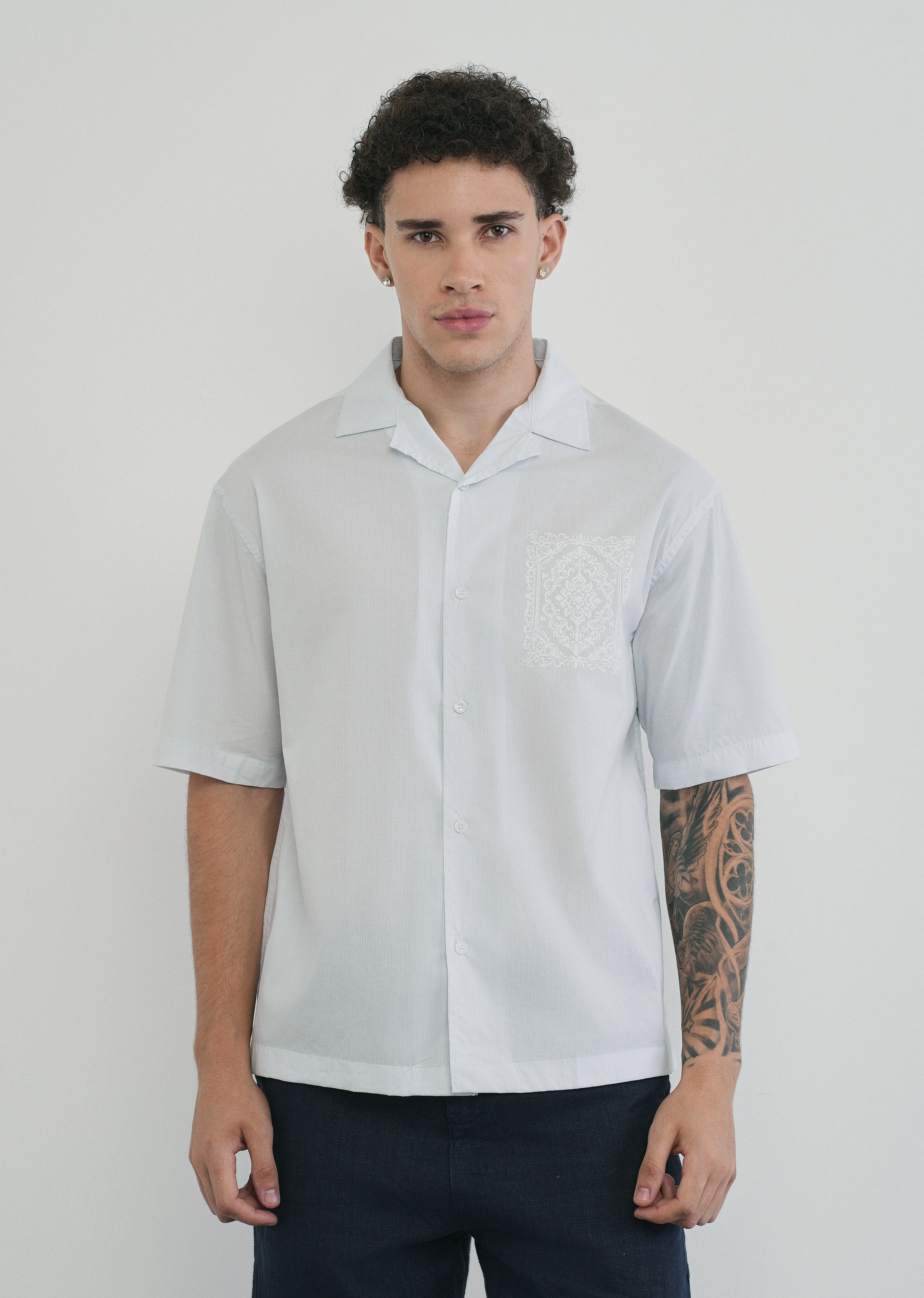 Light Blue Printed Cotton Stripe Shirt