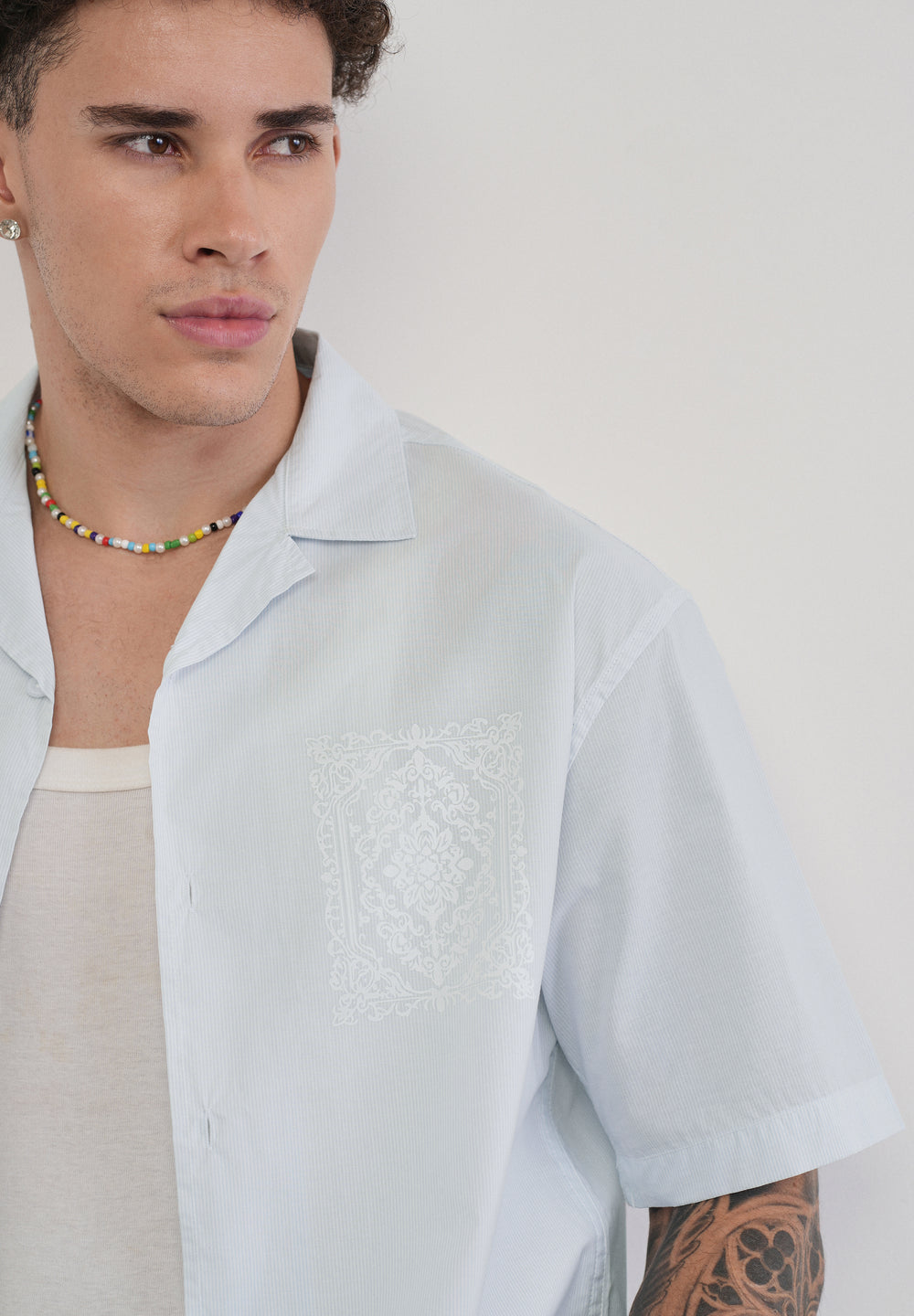 Light Blue Printed Cotton Stripe Shirt
