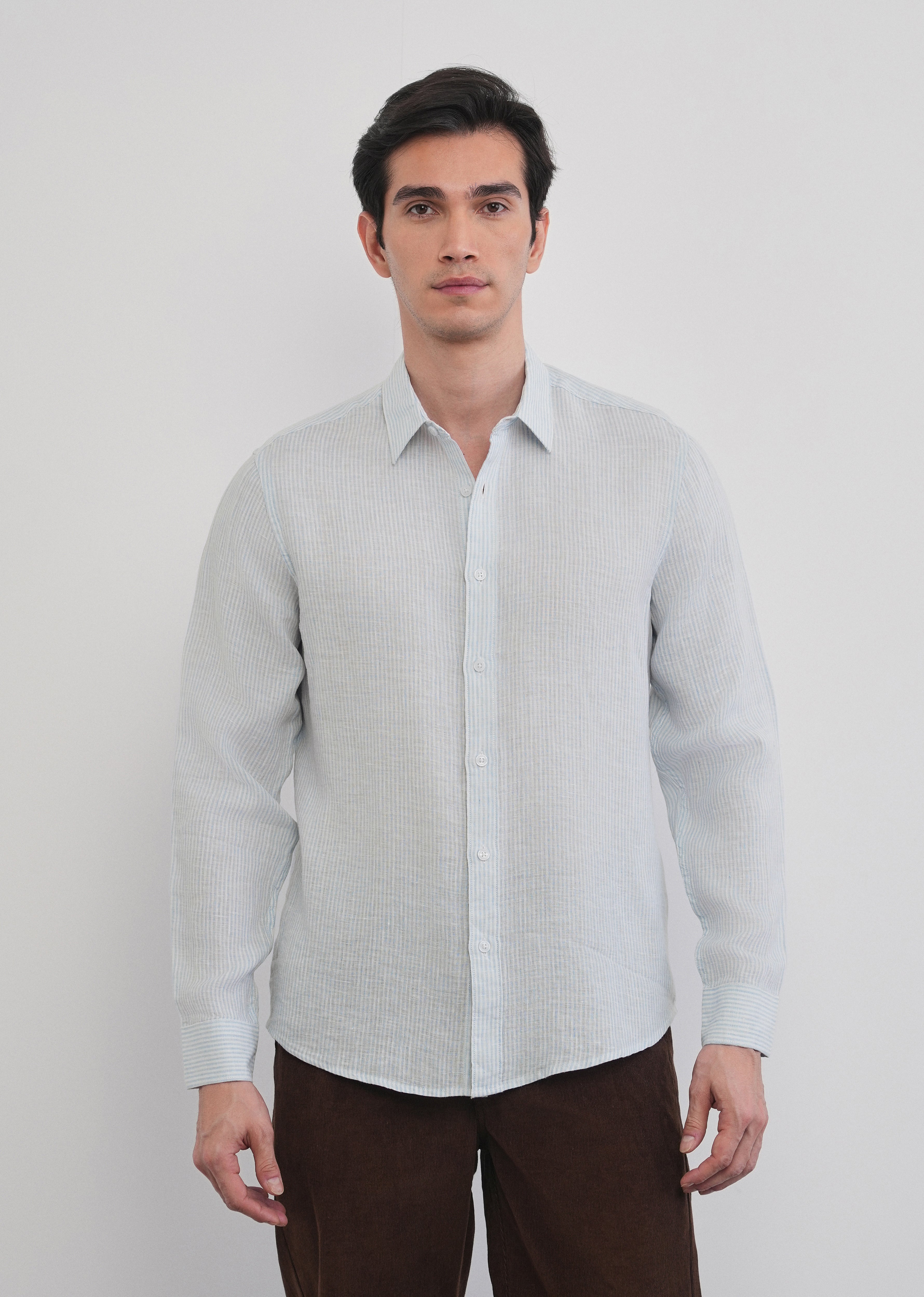 100% Linen Light Blue Self-Stripe Shirt